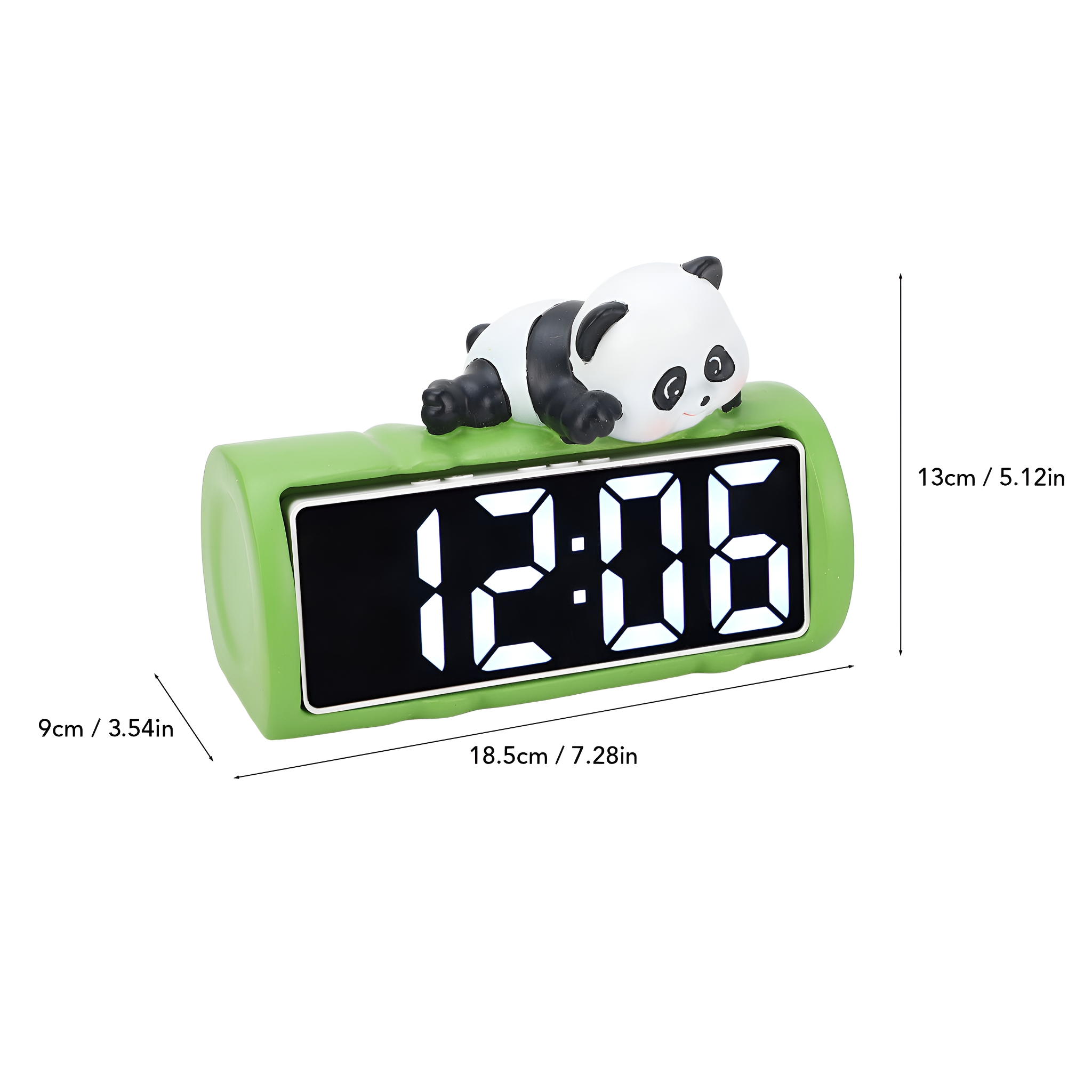 Grüner Wecker, Panda oben, zeigt 12:06. Abmessungen werden angezeigt.