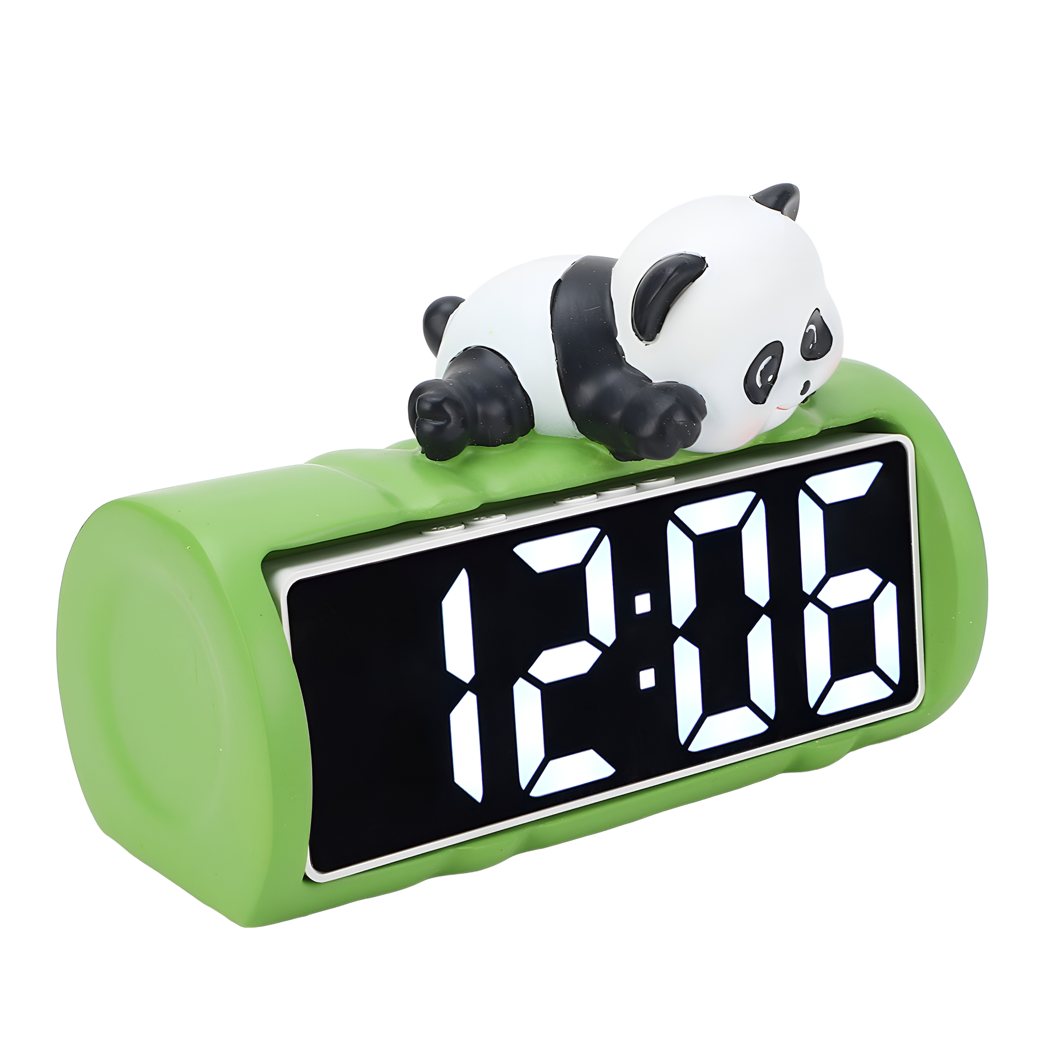 Grüner Wecker mit Panda oben, zeigt 12:06.