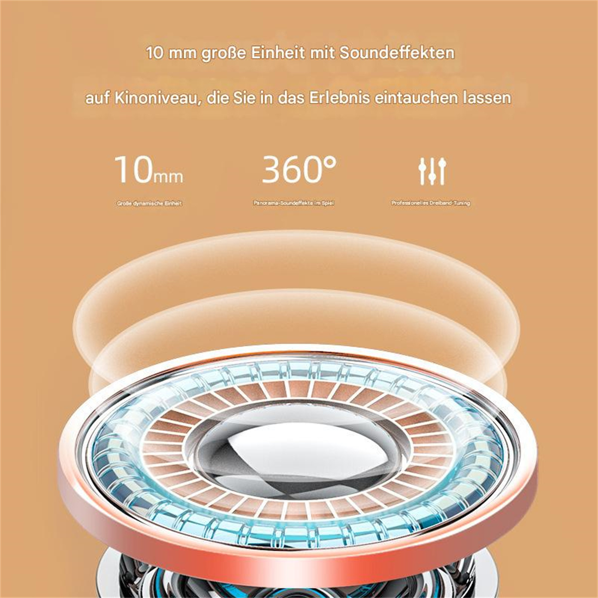 Nahaufnahme des Kopfhörers mit Soundeffekt-Grafik. Kupfer- und blaue Farben dominieren.