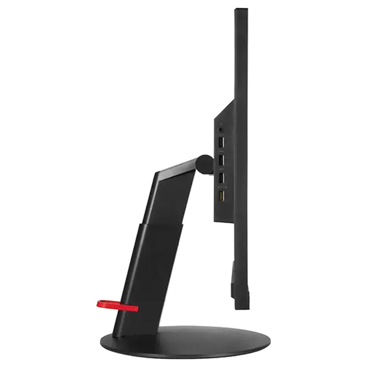 Widok z boku czarnego monitora komputera. Monitor ma czarną podstawę i widocznych jest kilka portów.