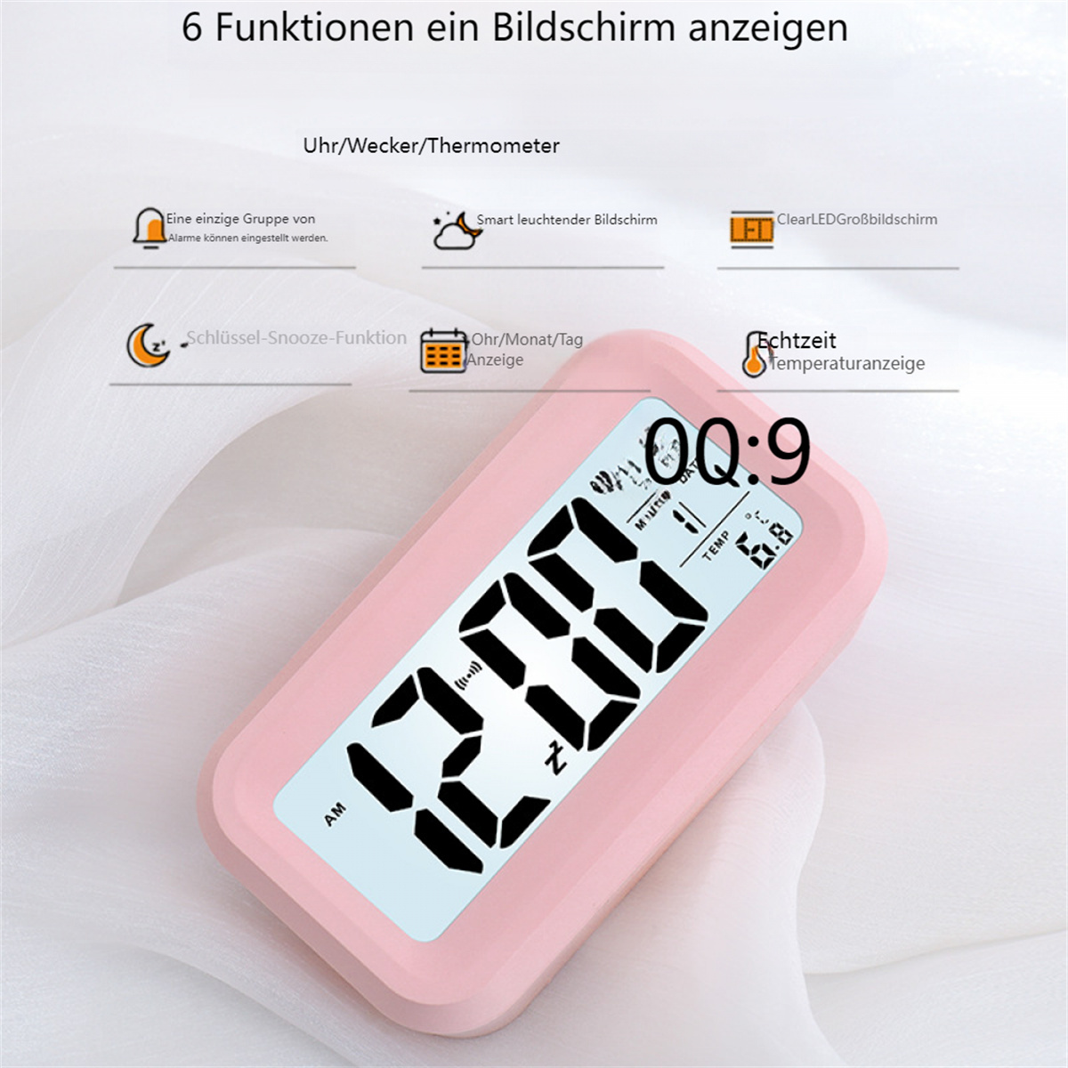 Rosa Wecker mit digitaler Anzeige, die Zeit und Datum anzeigt.