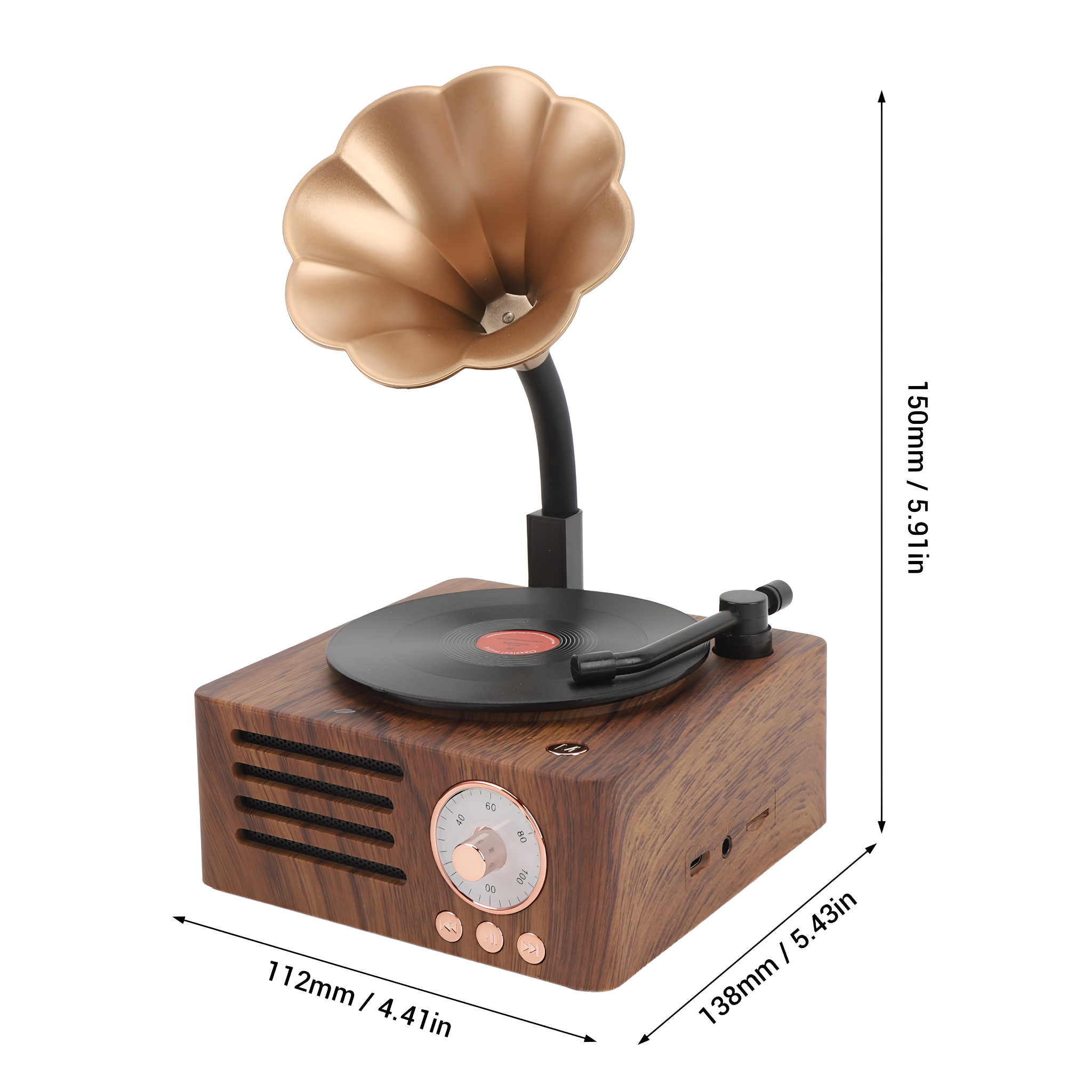 Ein Plattenspieler im Retro-Stil mit goldenem Hornlautsprecher auf Holzbasis.