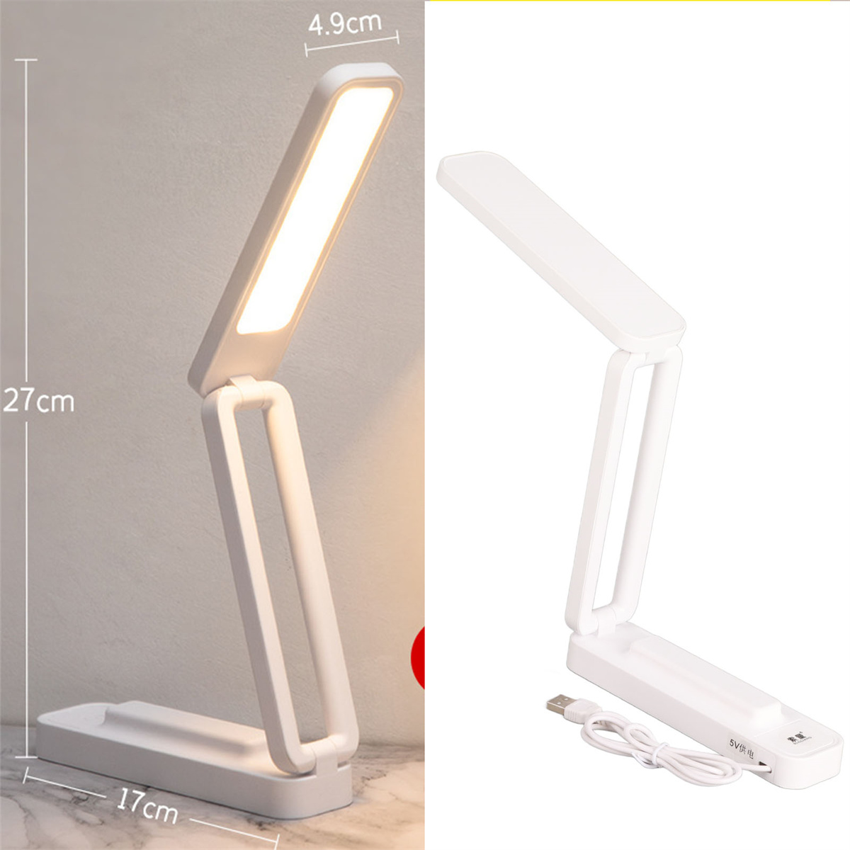 Zwei weiße LED-Lampen. Eine ist offen und zeigt das Licht. Die andere ist zusammengeklappt. Maße sind im Bild gezeigt.