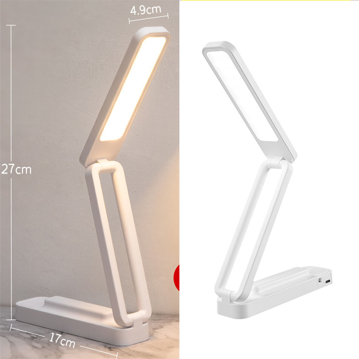 Zwei Bilder einer weißen, faltbaren LED-Schreibtischlampe. Die Lampe ist gefaltet und entfaltet.