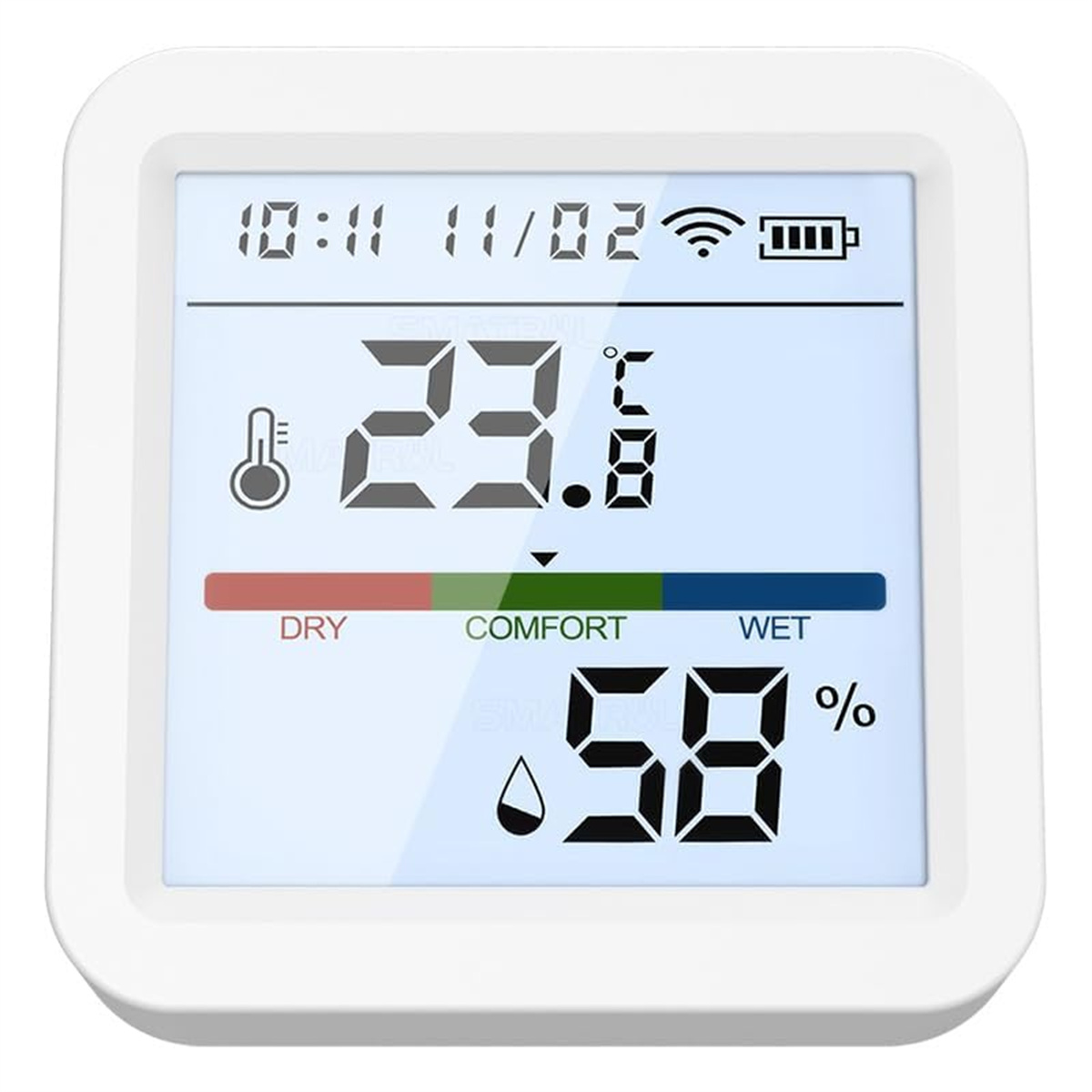 Weißes digitales Innenraumthermometer mit Anzeige von Zeit, Temperatur, Luftfeuchtigkeit und Komfort.