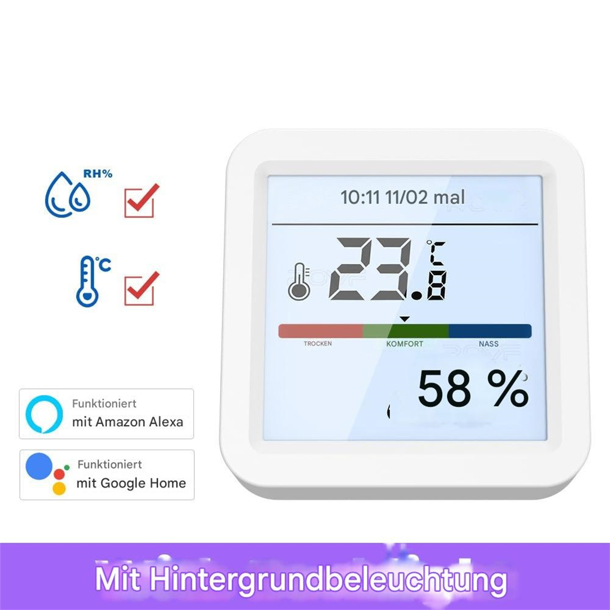 Digitales Thermometer zeigt Temperatur, Luftfeuchtigkeit und Komfortniveau auf einem weißen Display.