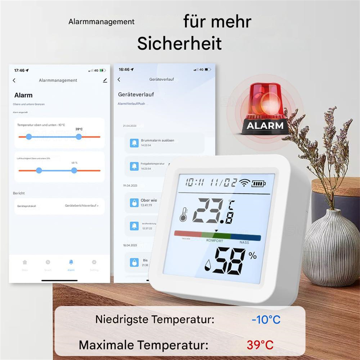 Smart-Home-Gerät, das Temperatur und Luftfeuchtigkeit mit Alarmfunktionen anzeigt.