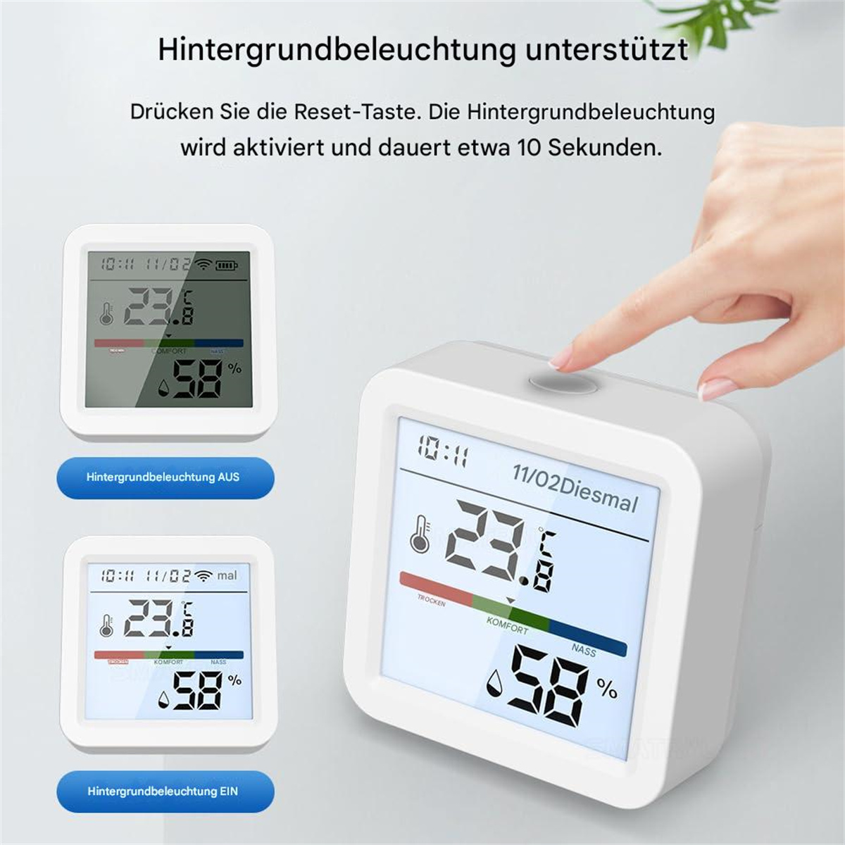 Nahaufnahme einer Digitaluhr mit Anzeige von Zeit, Temperatur und Luftfeuchtigkeit, weißes Gehäuse.