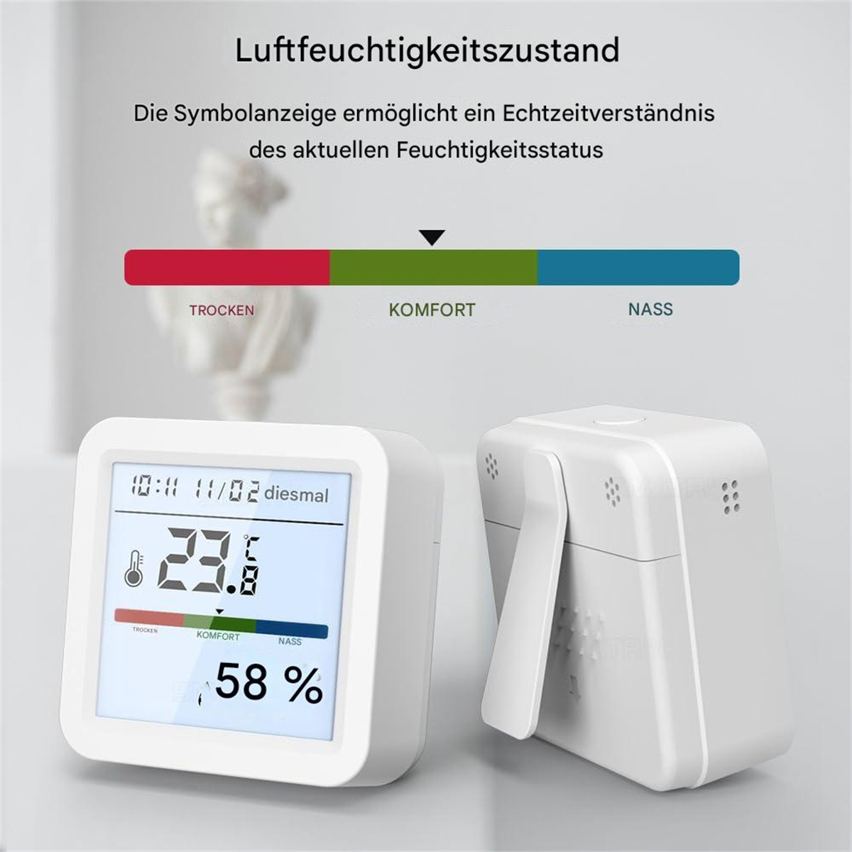 Weißer Feuchtigkeitssensor mit Digitalanzeige, die Temperatur, Luftfeuchtigkeit und Komfort anzeigt.