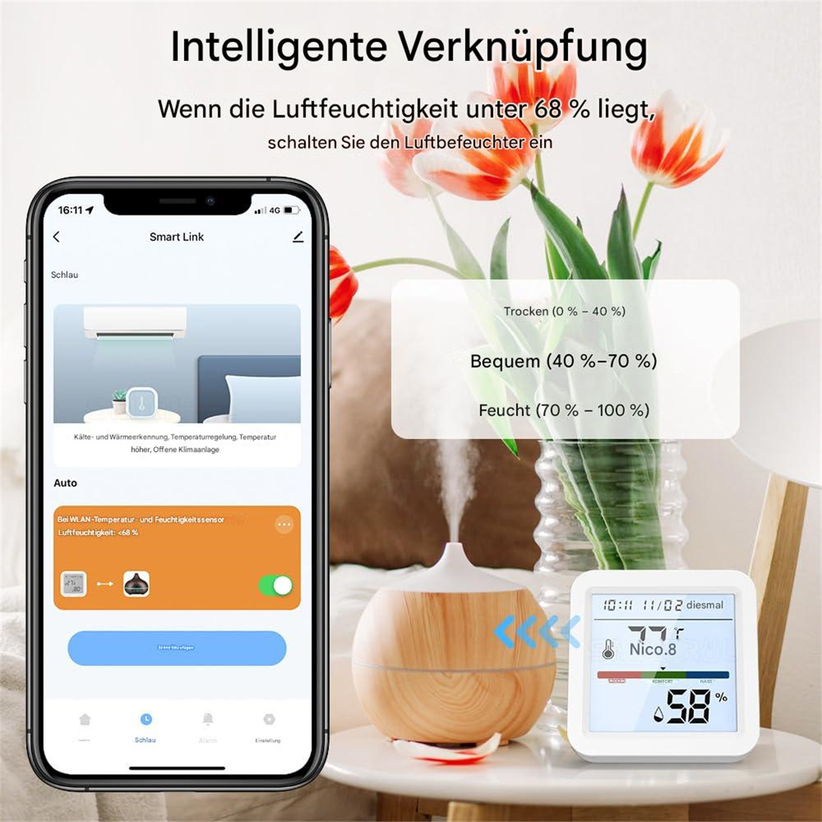 Ein Telefon zeigt eine Smart-Home-App. Ein Luftbefeuchter und Blumen sind im Hintergrund.