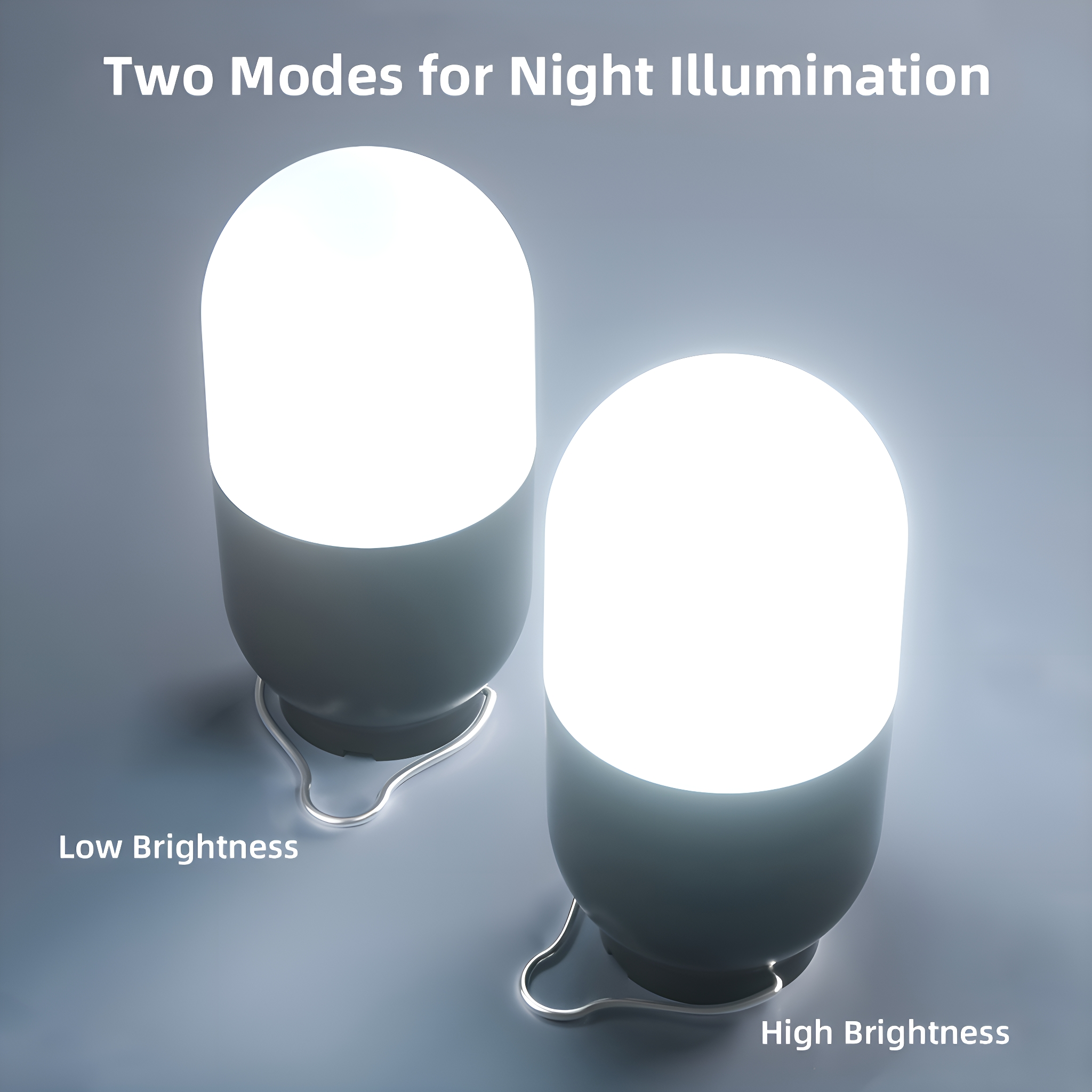 Zwei weiße Lampen mit unterschiedlichen Helligkeitsmodi vor grauem Hintergrund, beschriftet mit 'Low' und 'High'.
