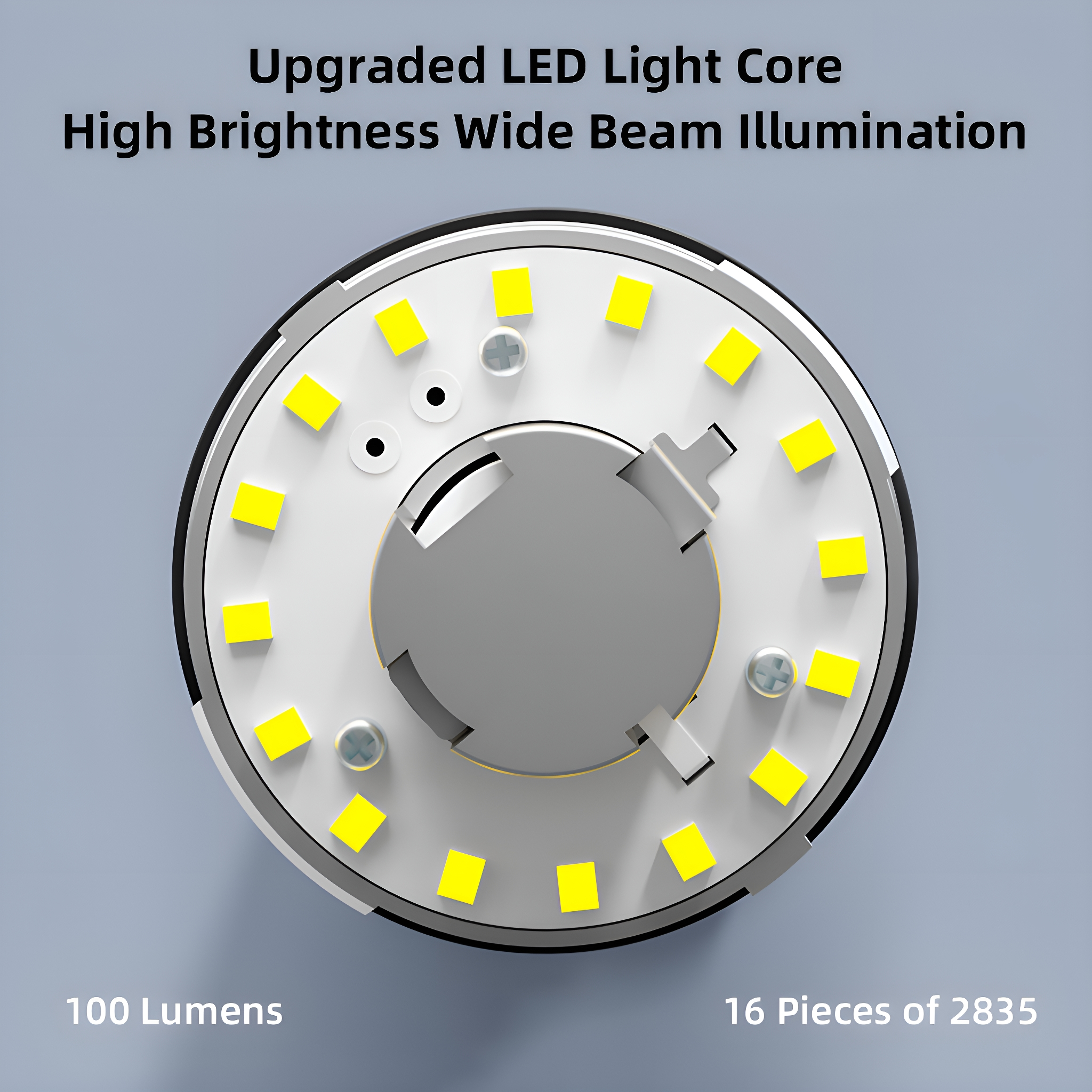LED-Lichtkern mit gelben Lichtern, umgeben von einem weißen und grauen Kreis.