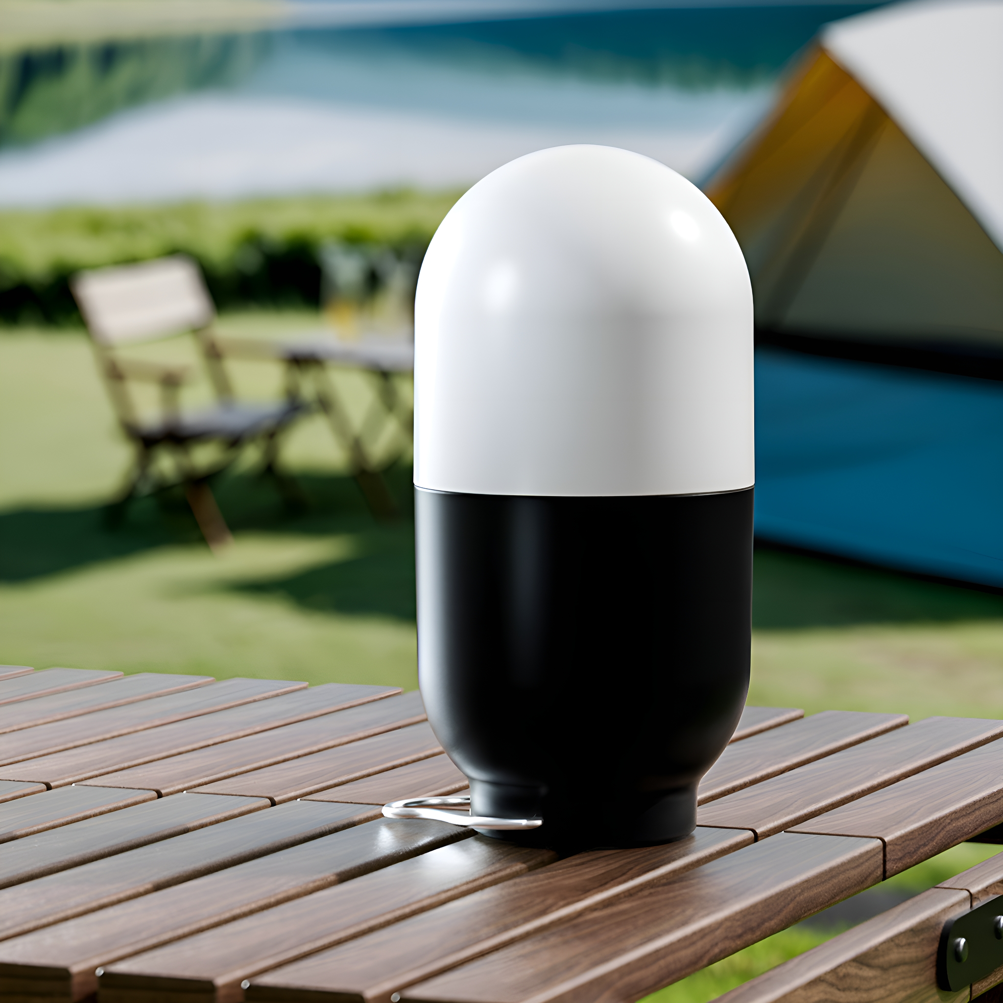 Schwarz-weißer Wasserspender auf Holztisch. Hintergrund zeigt Camping-Szene.