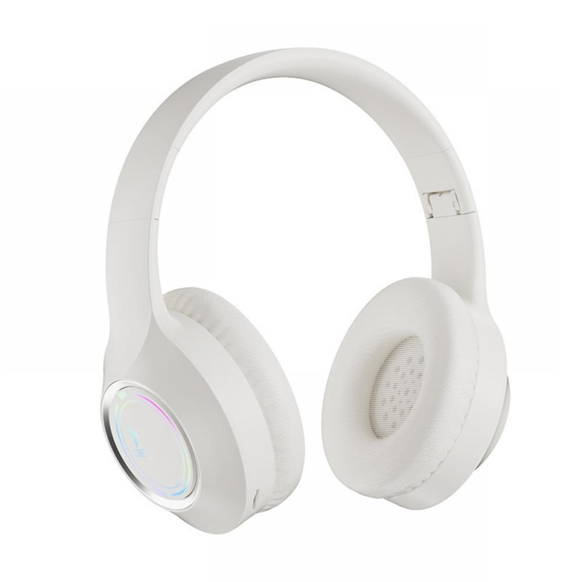 Weiße Over-Ear-Kopfhörer mit glänzendem Finish und beleuchteten Ohrmuscheln.