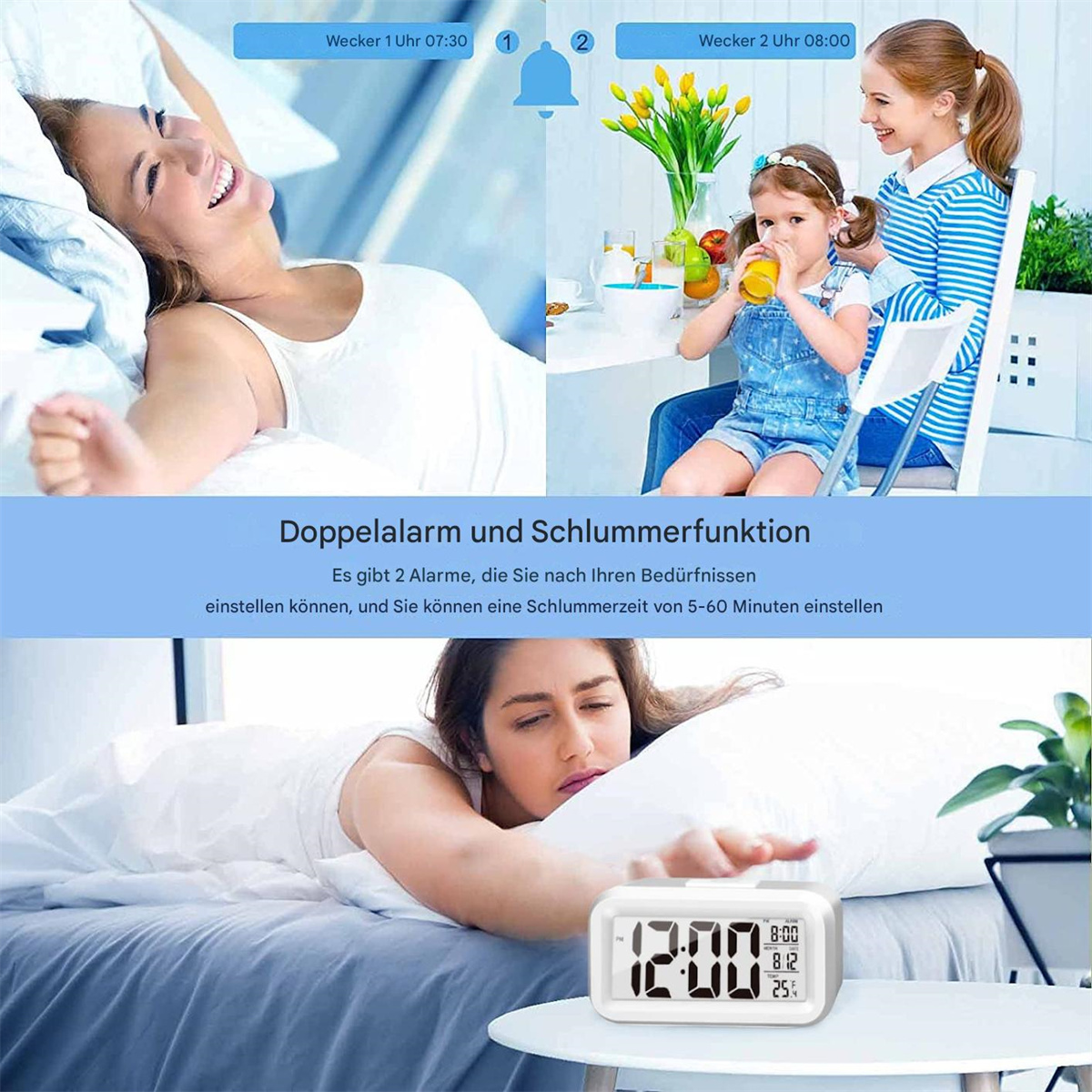 Eine Frau im Bett und eine Frau und ein Kind sitzen an einem Tisch, und der Wecker.
