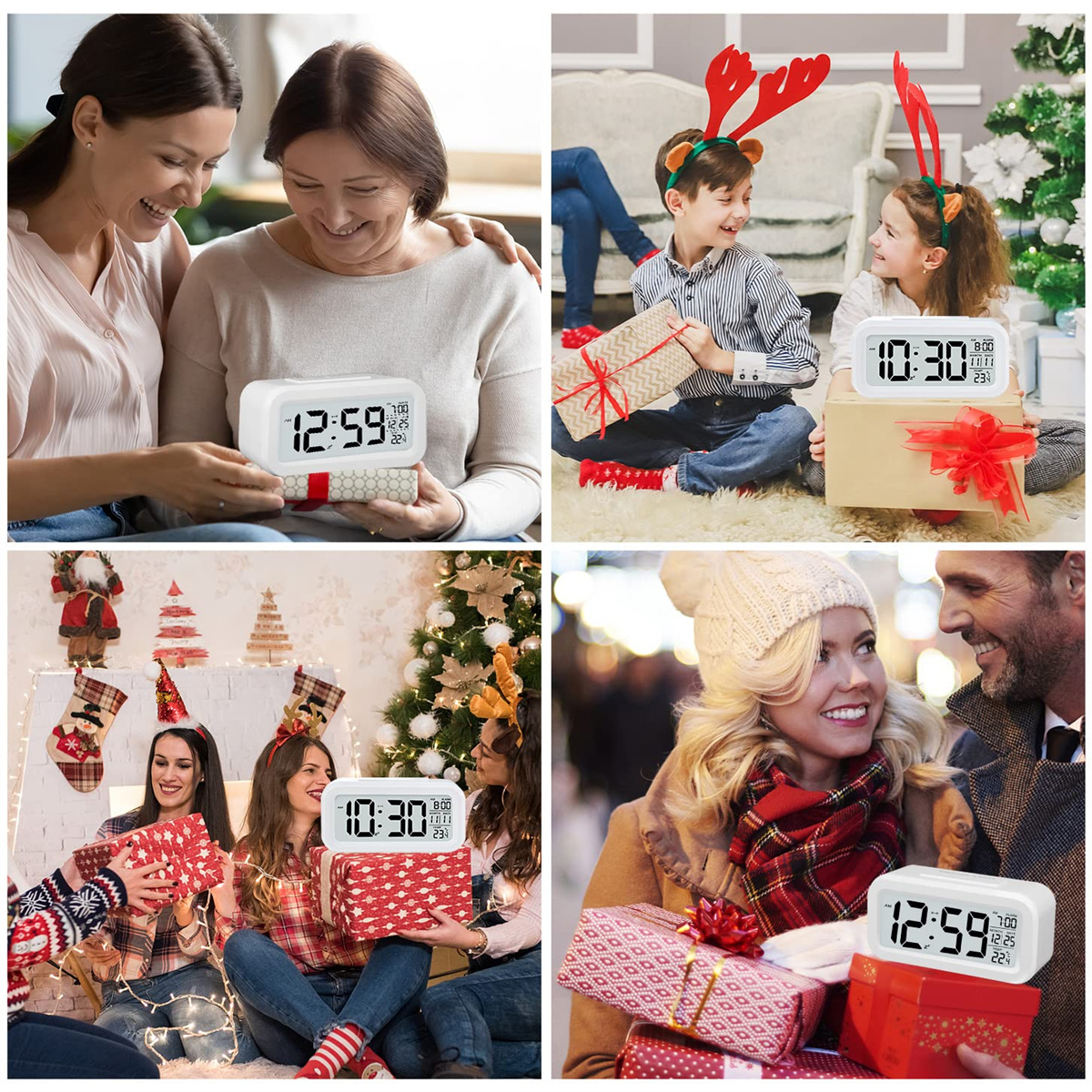 Mehrere Fotos, die Menschen mit Uhren und Geschenken während der Weihnachtszeit zeigen.