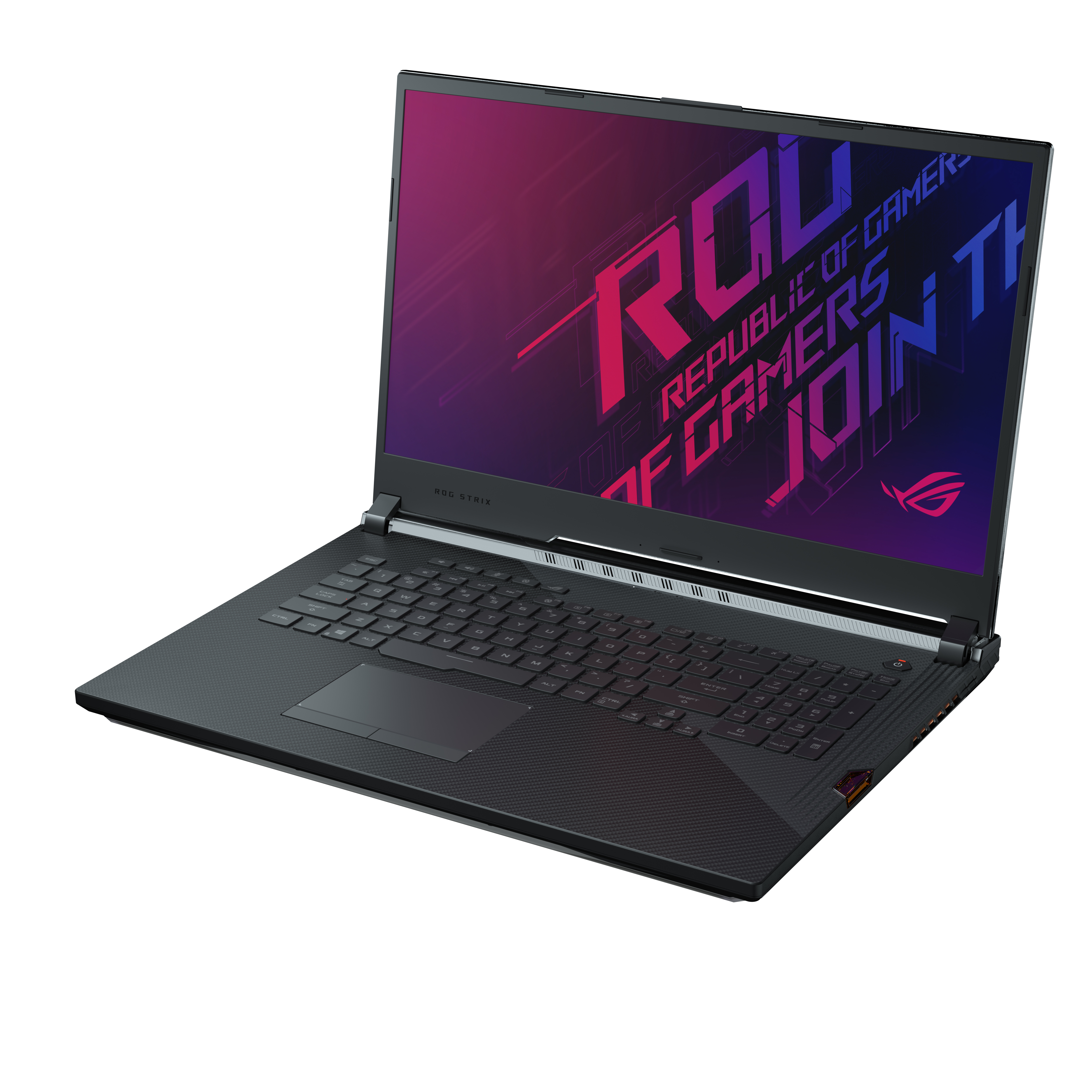 Ein schwarzer Laptop, geöffnet, auf weißem Hintergrund. Der Bildschirm zeigt ROG-Grafiken. Die Tastatur ist sichtbar.