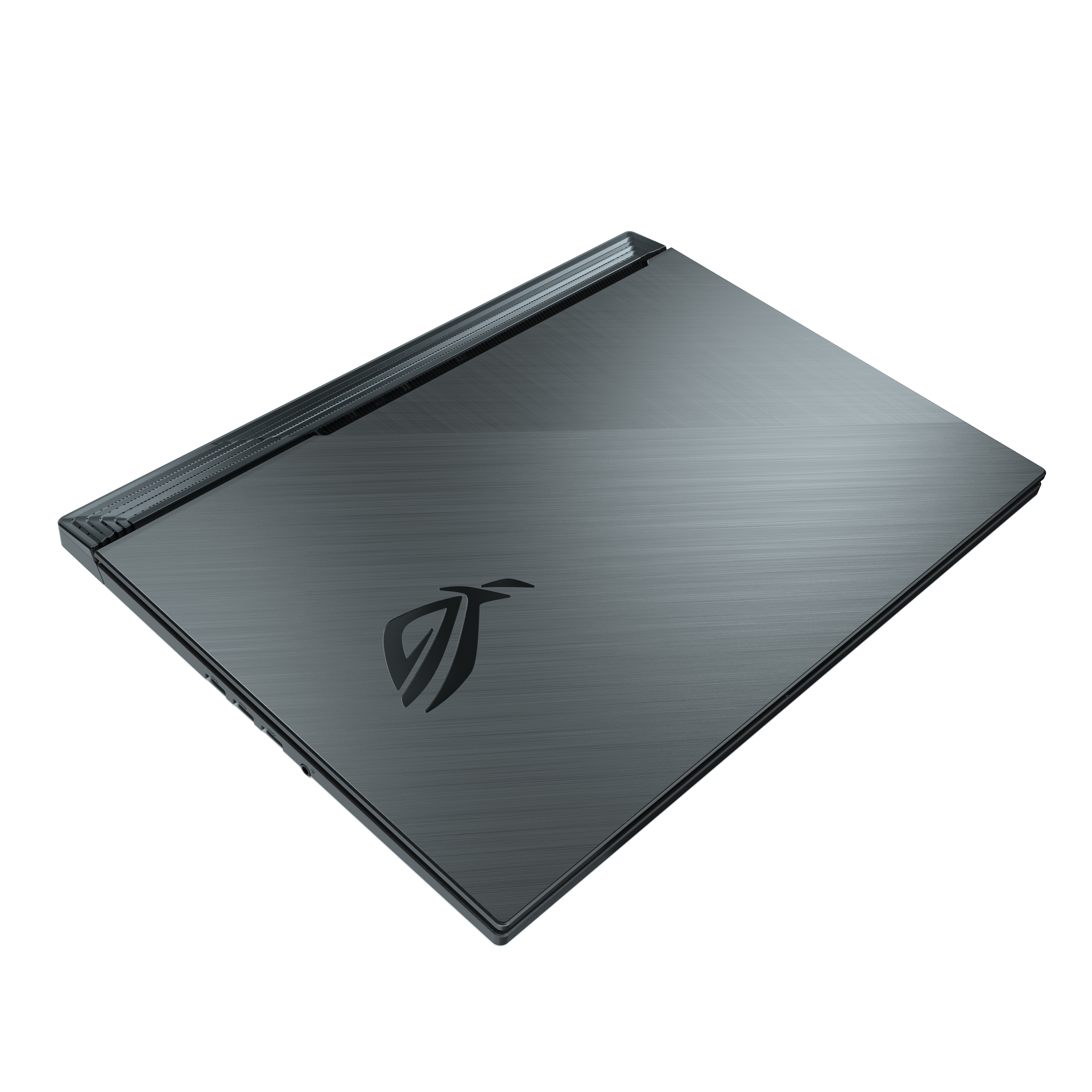 Grauer Laptop mit schwarzem Logo. Der Laptop ist geschlossen, die Oberfläche reflektiert.
