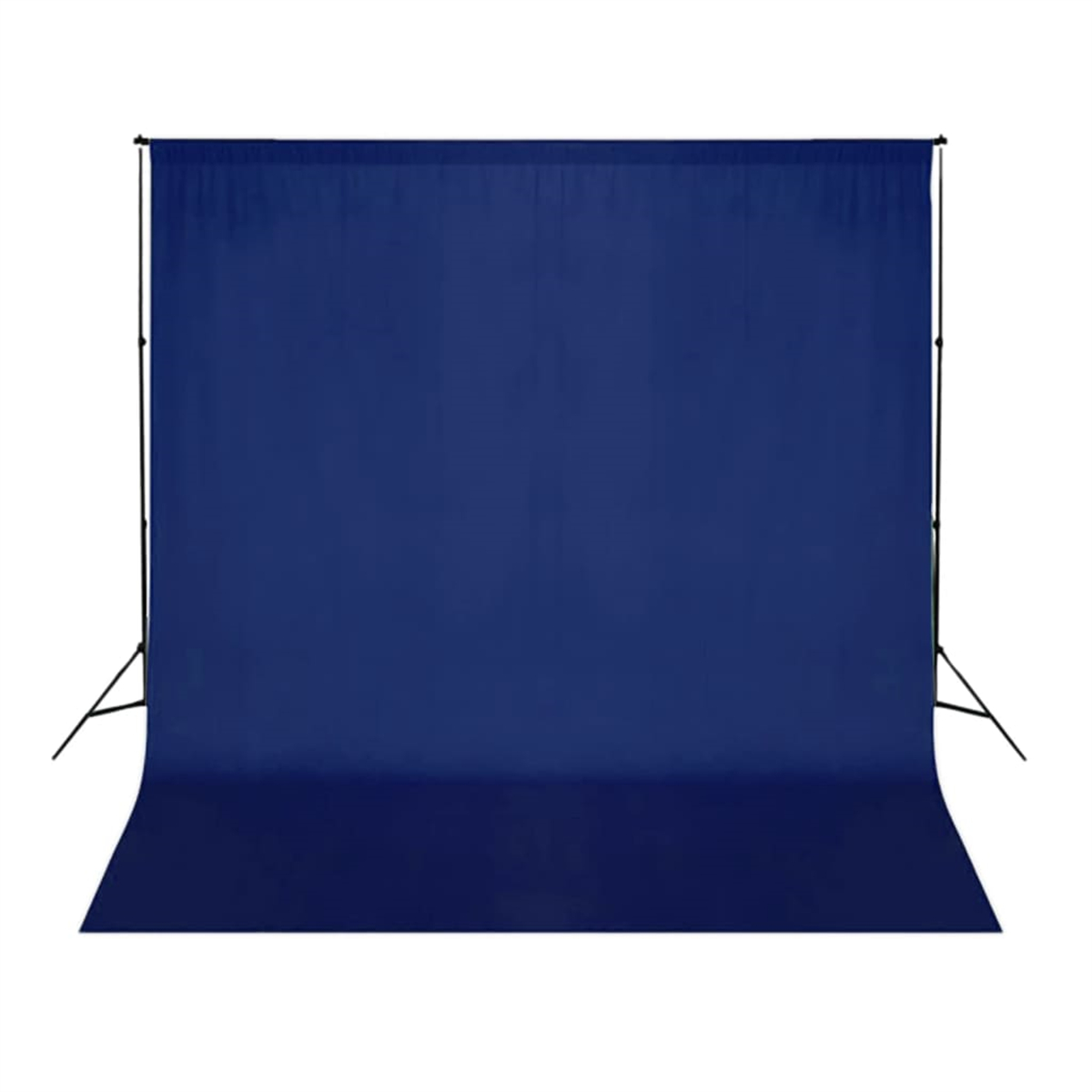 Blauer Hintergrundständer für Fotografie, mit blauem Stoff und schwarzem Stützrahmen.