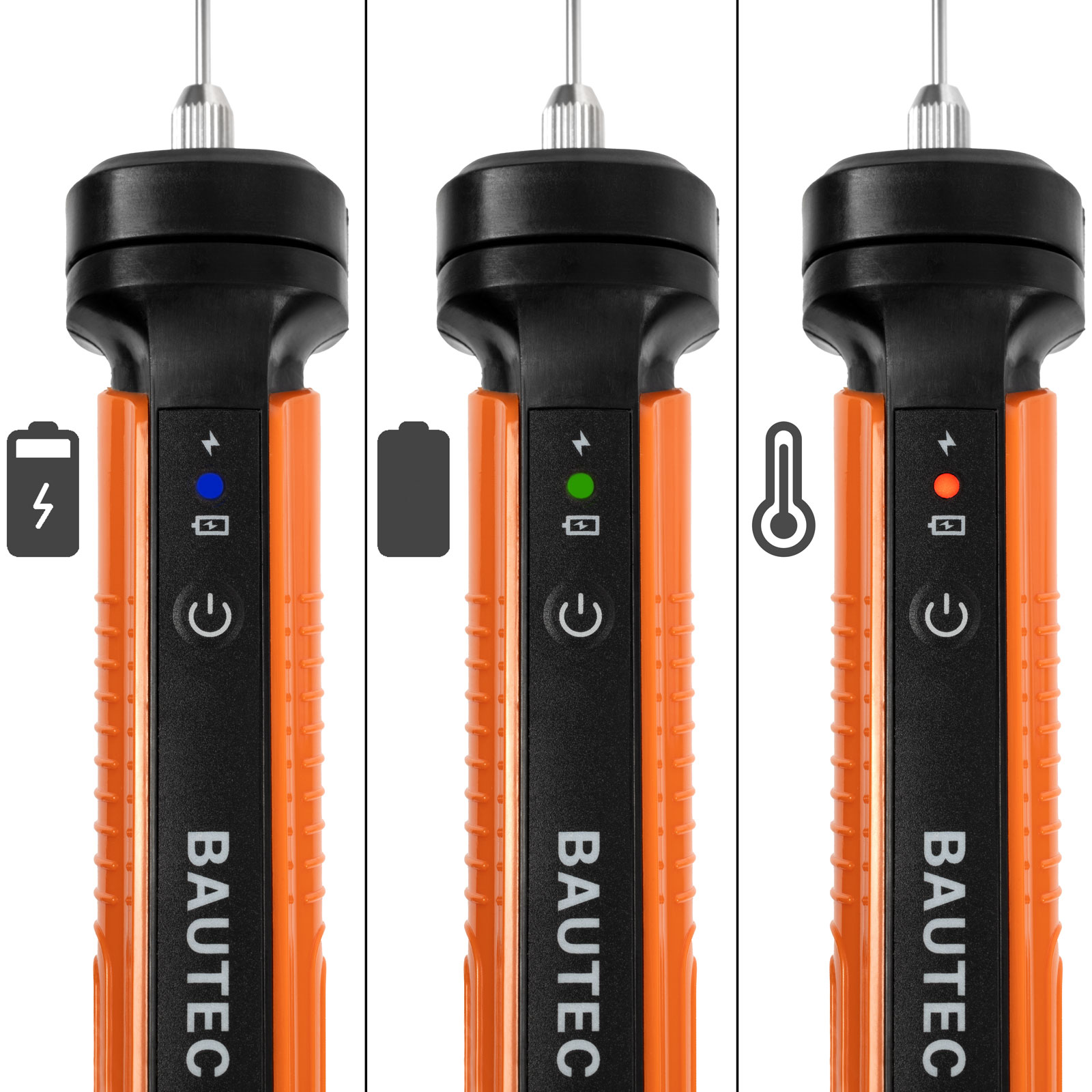 Drei Geräte mit orangefarbenen und schwarzen Gehäusen, die Batteriestand- und Temperaturanzeigen zeigen.