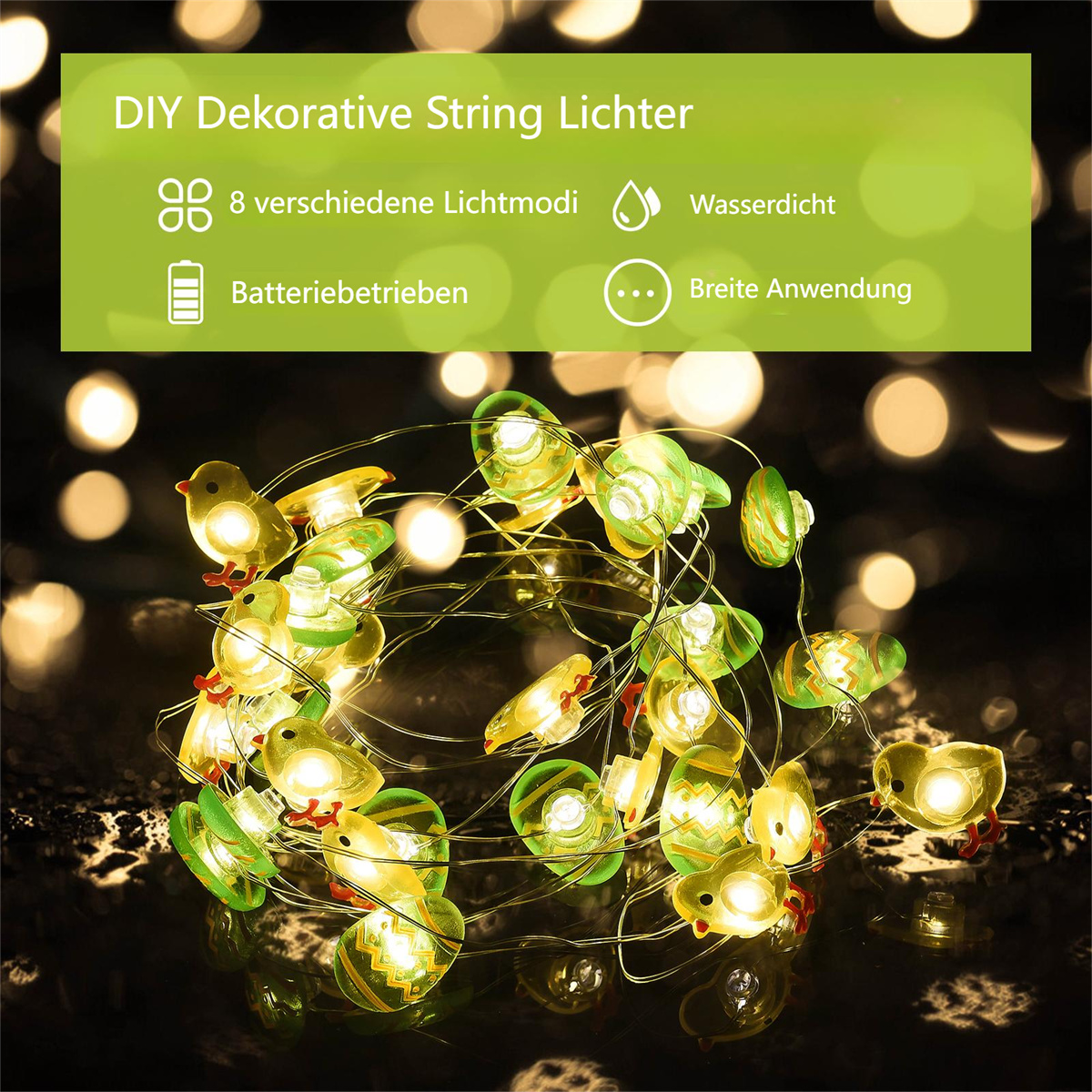 Lichterketten mit gelben Küken sind beleuchtet. Text über die Lichter ist sichtbar.