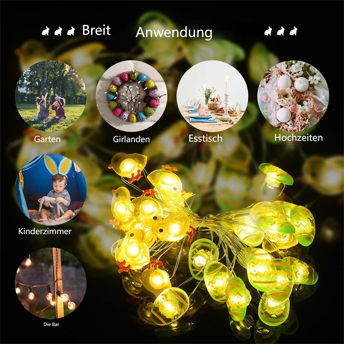 Gelbe Osterlichter in verschiedenen Szenen: Garten, Girlanden, Esstisch, Hochzeiten, Kinderzimmer, Bar.