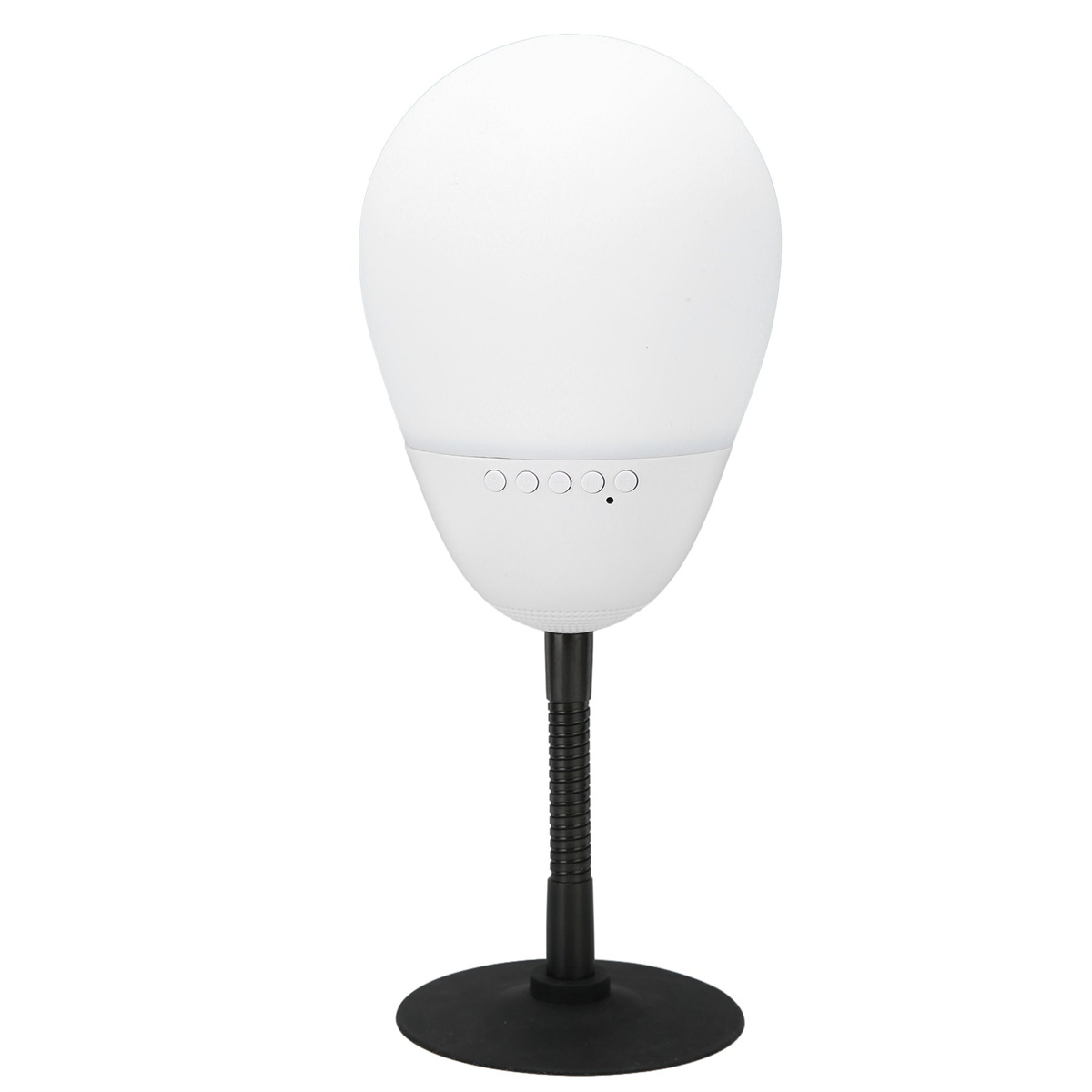 Eine weiße Lampe mit abgerundeter Oberseite und schwarzem Sockel. Die Lampe hat Knöpfe auf der Vorderseite.