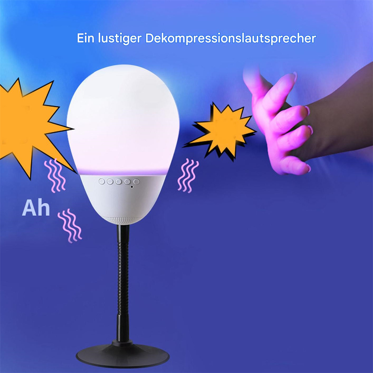 Weiß-schwarze Lautsprecherlampe mit einer Hand, die nach dem Licht greift.