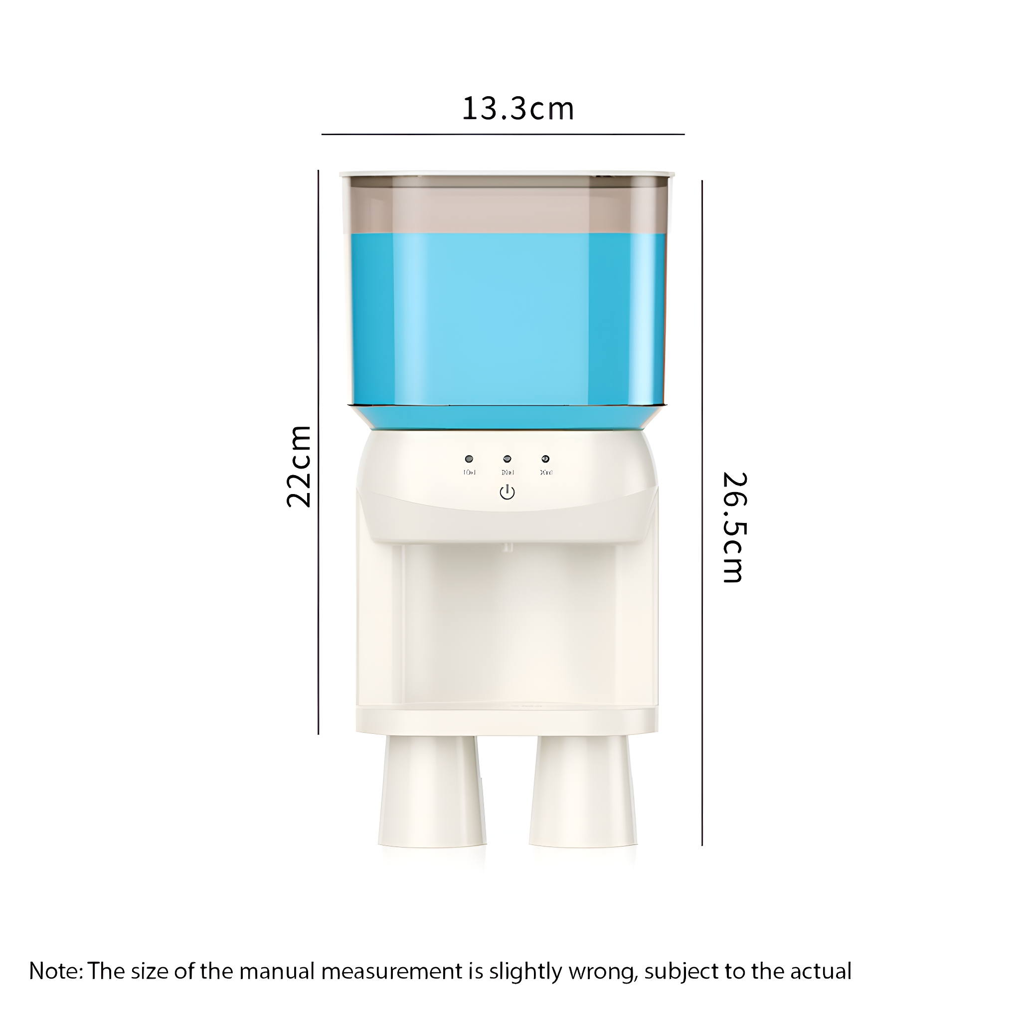 Weißer Wasserspender mit blauem Wasserbehälter, mit Maßangaben.