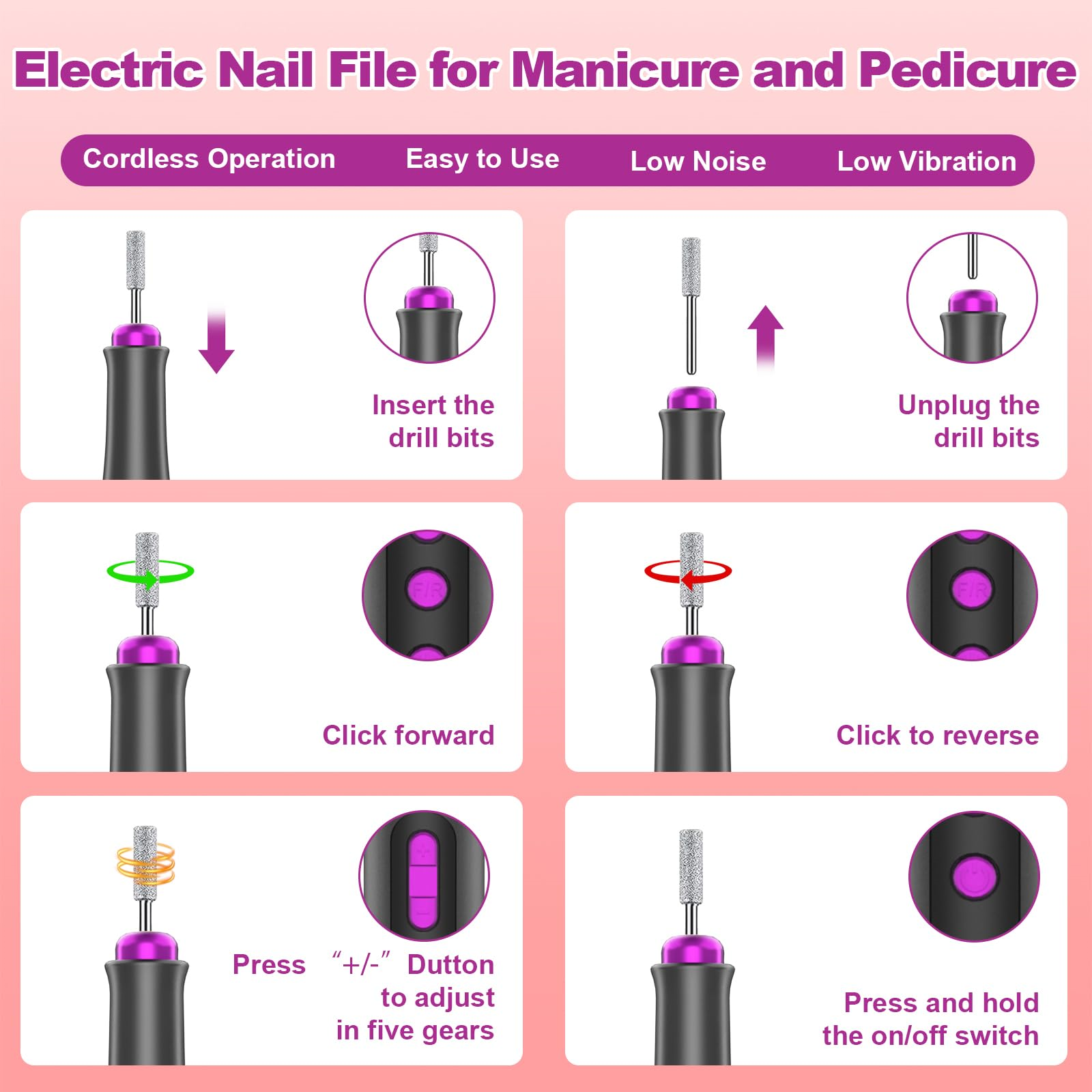 Diagramm, das die Schritte zur Verwendung einer elektrischen Nagelfeile zeigt.