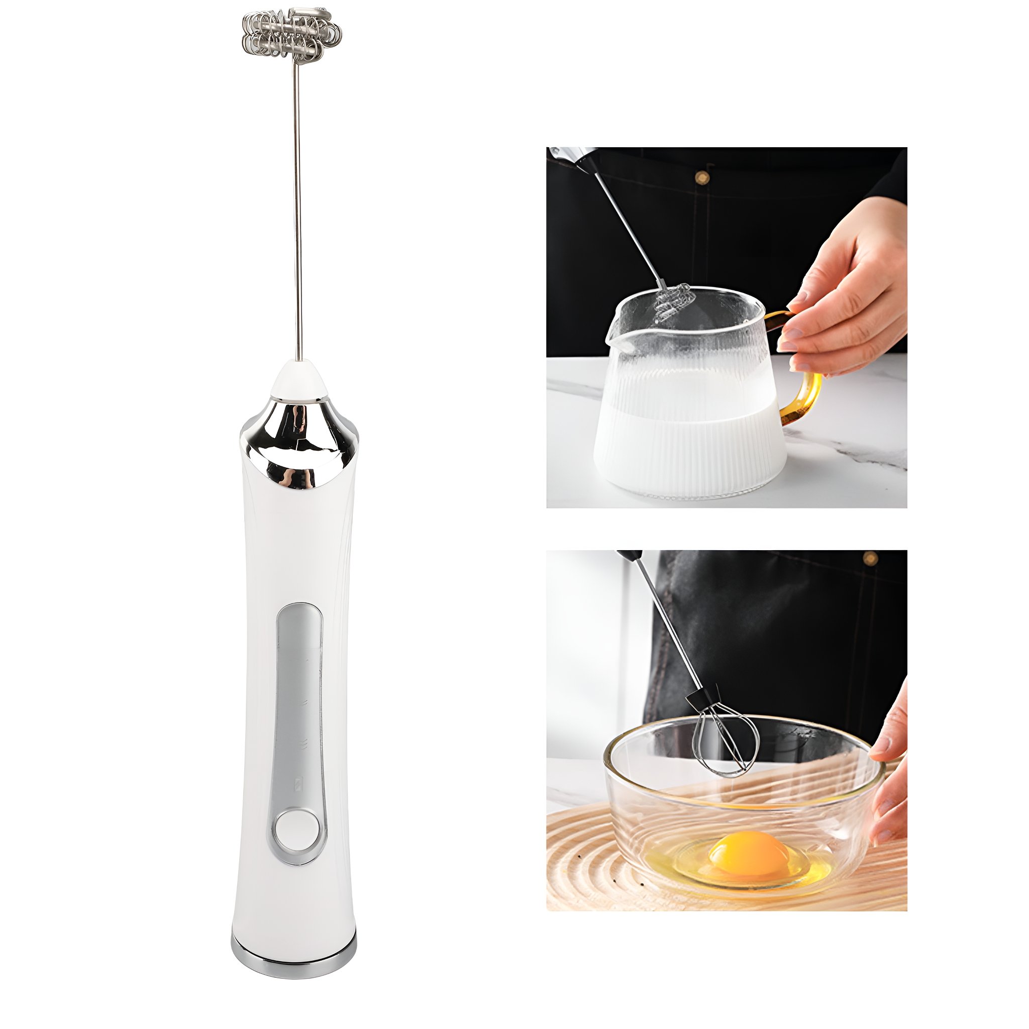 Ein weißer, handgehaltener Milchaufschäumer. Es gibt auch Bilder, wie er Milch und Eier aufschäumt.
