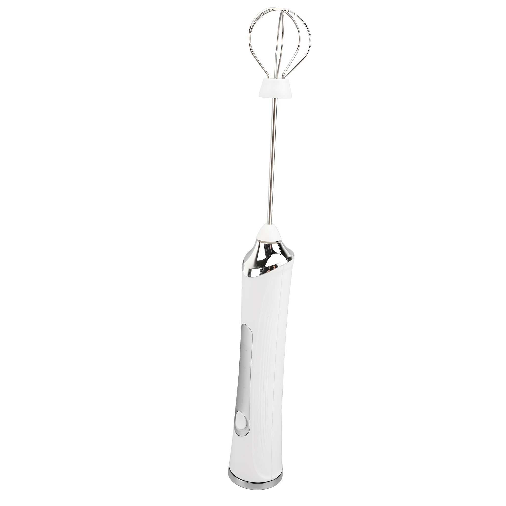 Weißer Handmixer mit silbernem Griff und Schneebesenaufsatz, auf weißem Hintergrund.