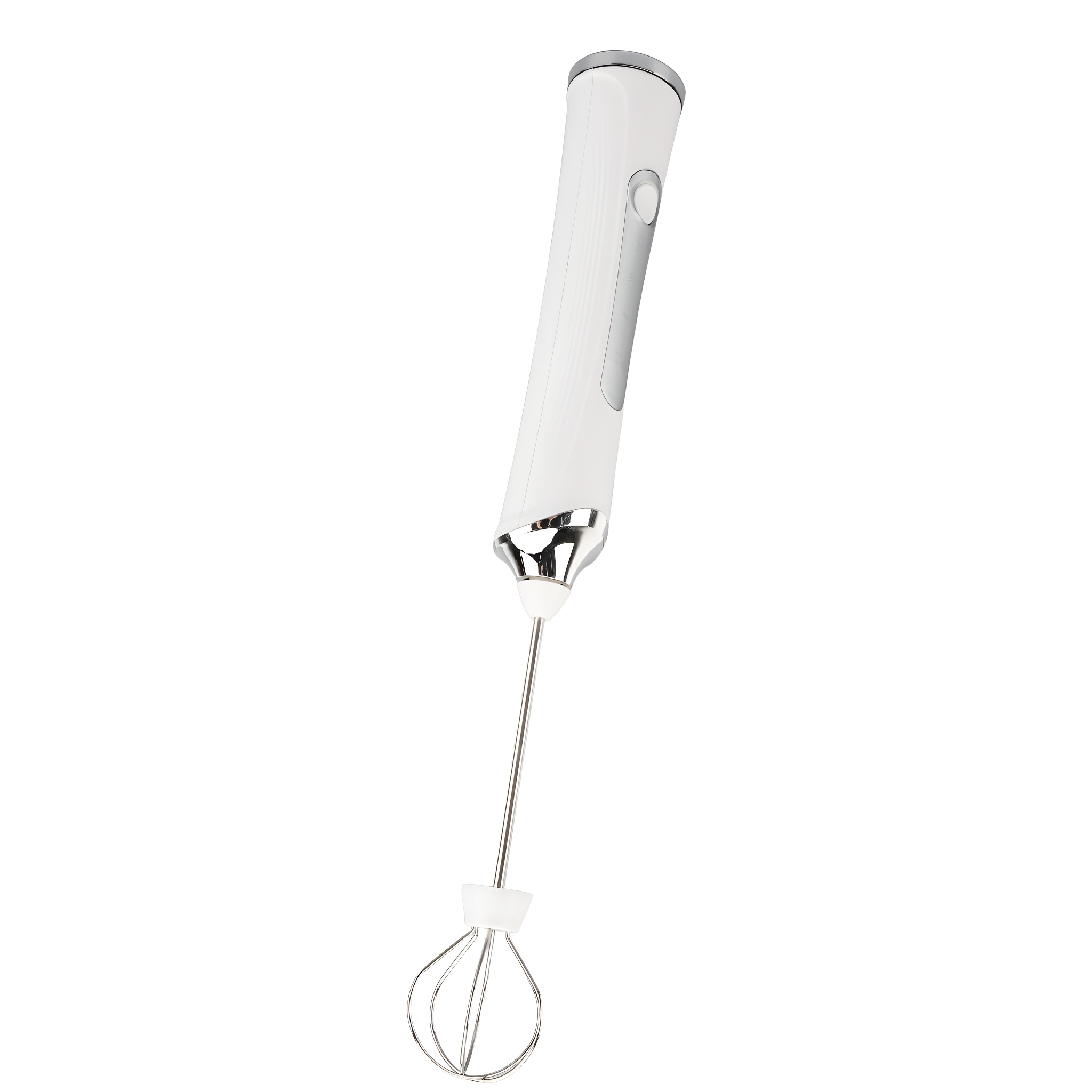 Weißer Handmixer mit silbernem Schneebesenaufsatz. Isoliert auf weißem Hintergrund.
