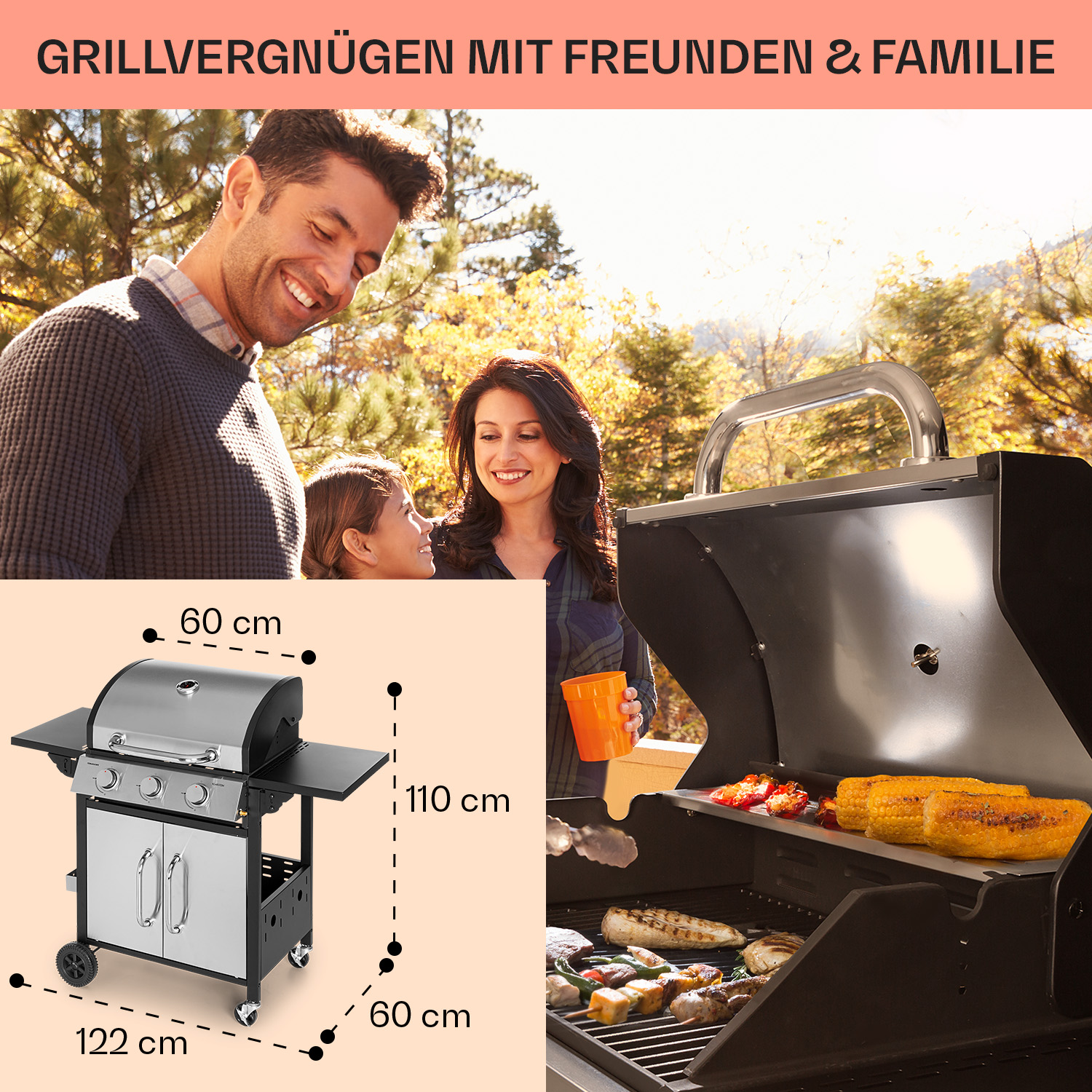 Eine Familie grillt im Freien. Ein Grill mit Essen und Maßen befindet sich im Vordergrund.