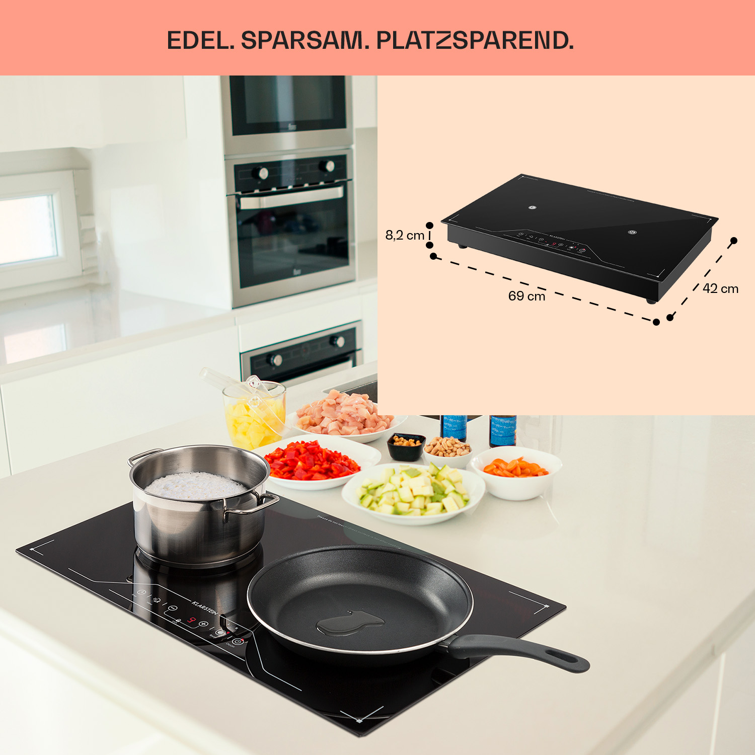 Una placa de inducción negra con alimentos y utensilios de cocina sobre una encimera blanca en una escena de cocina.