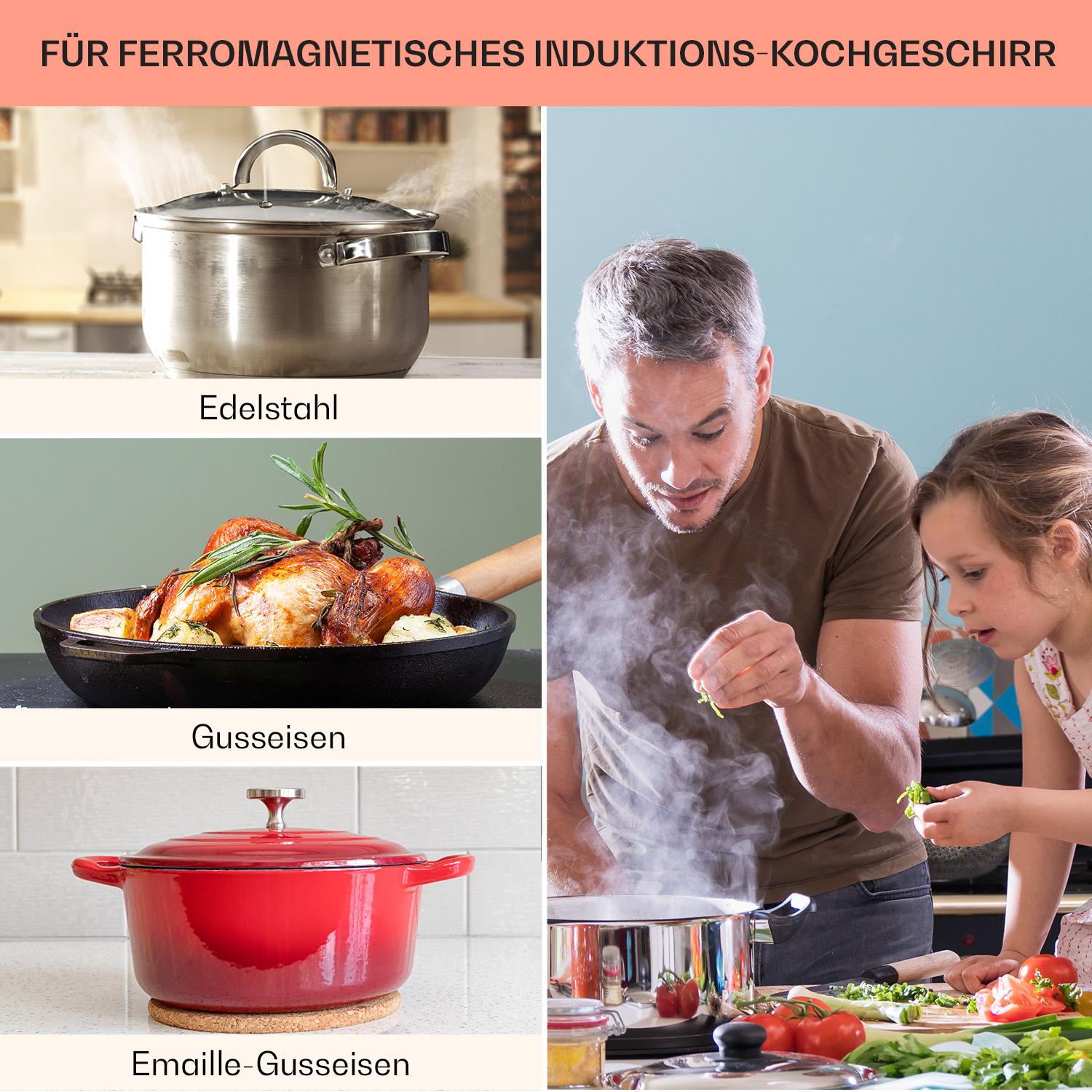 Fotos de diferentes utensilios de cocina: olla de acero inoxidable, sartén de hierro fundido y olla de esmalte roja.