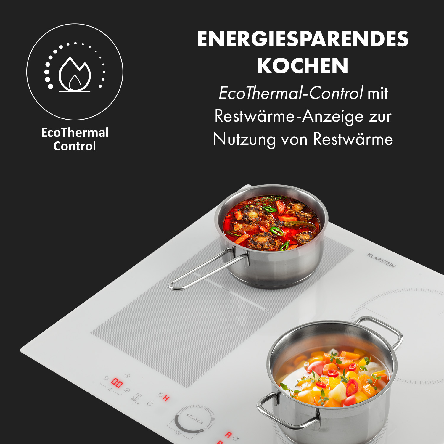 Dos ollas con comida sobre una estufa blanca. Texto indica cocción de ahorro energético con calor residual.