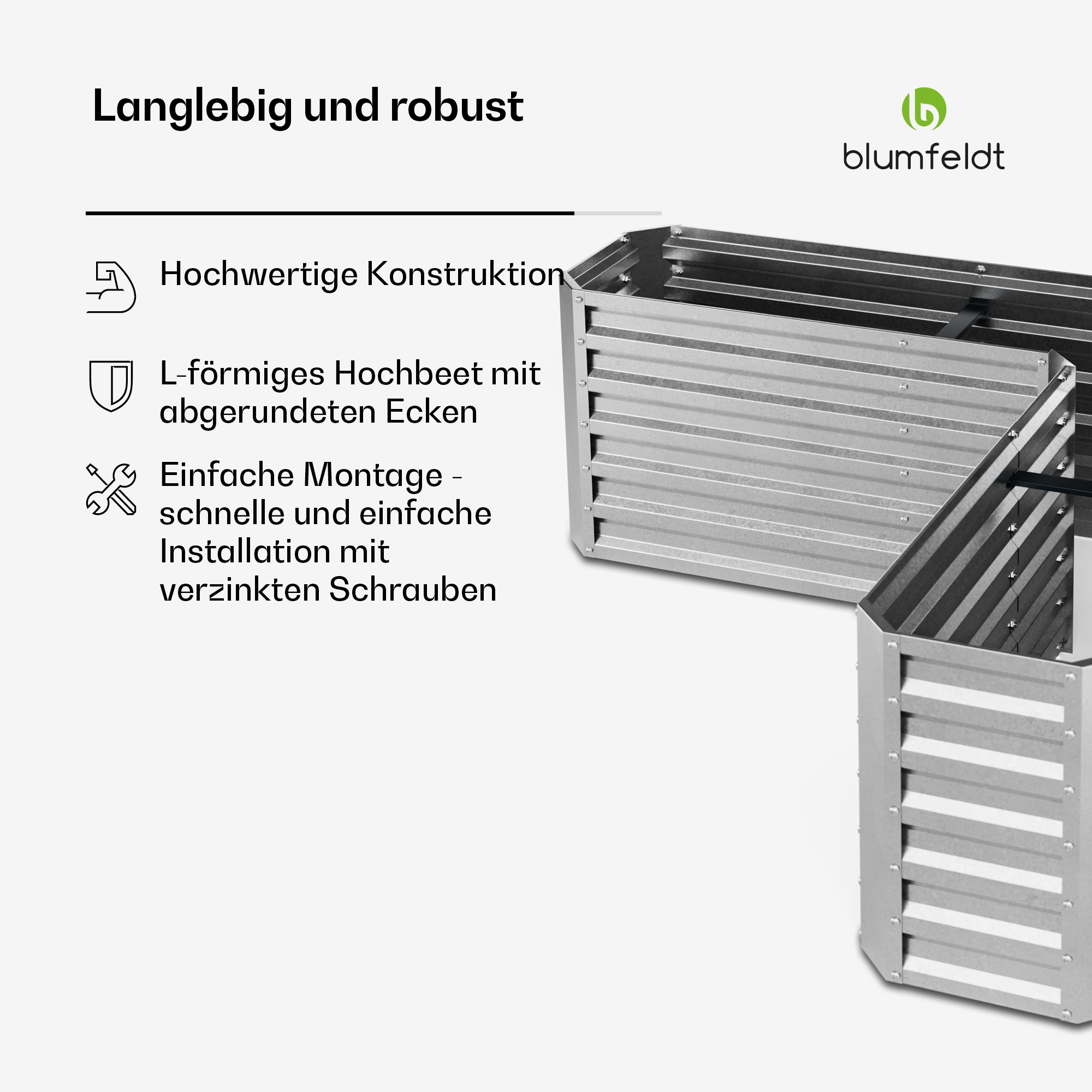 Silberne Hochbeete. Text beschreibt hochwertige Konstruktion, abgerundete Ecken und einfache Montage.
