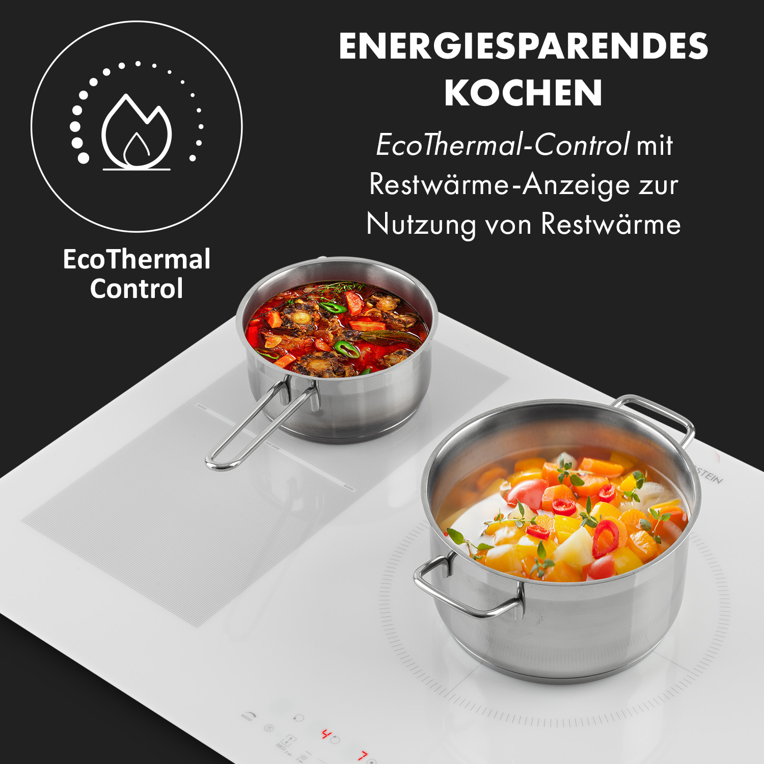Dos ollas con comida en una estufa blanca. La imagen publicita la cocina de ahorro energético.