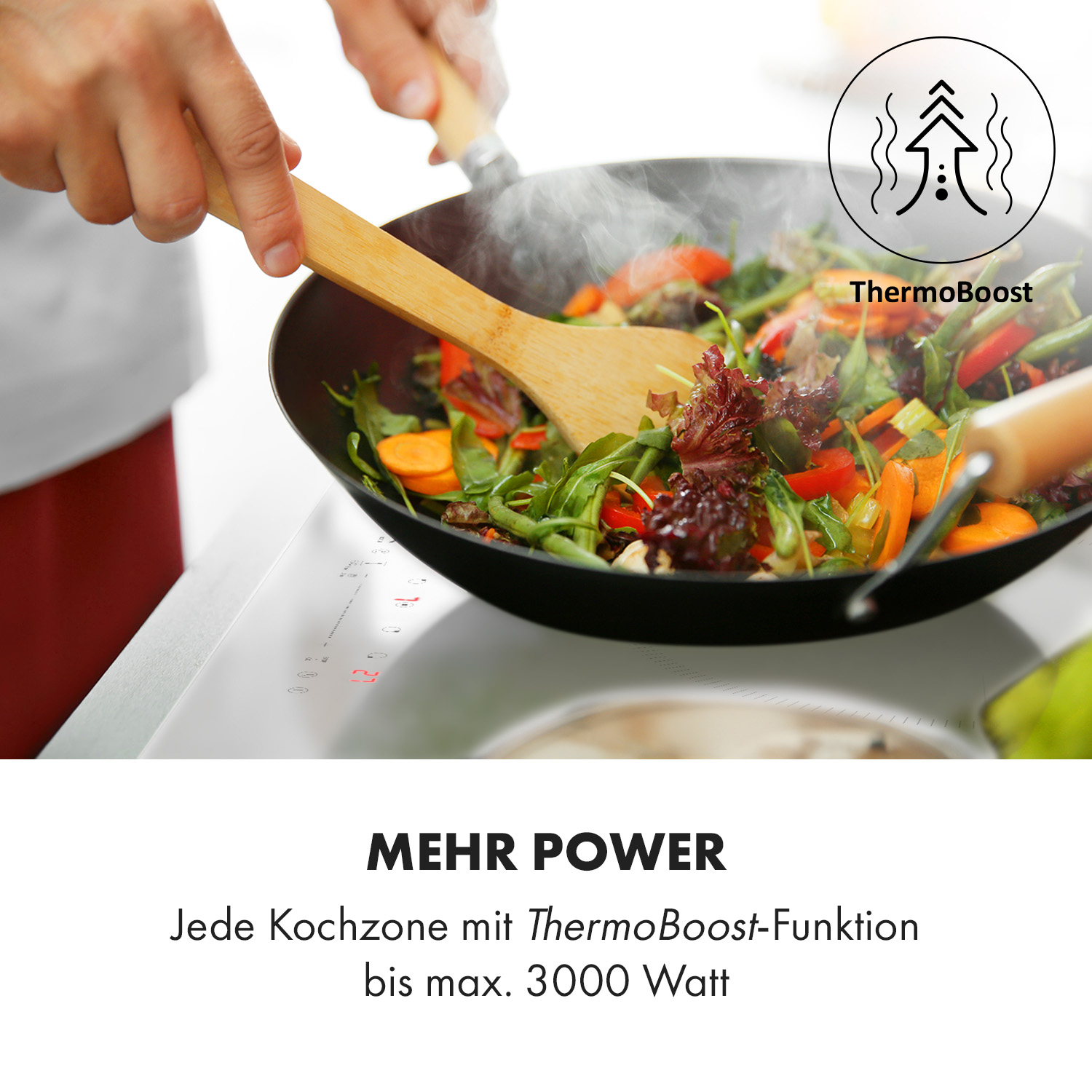 Wok con verduras siendo removidas. Icono ThermoBoost.