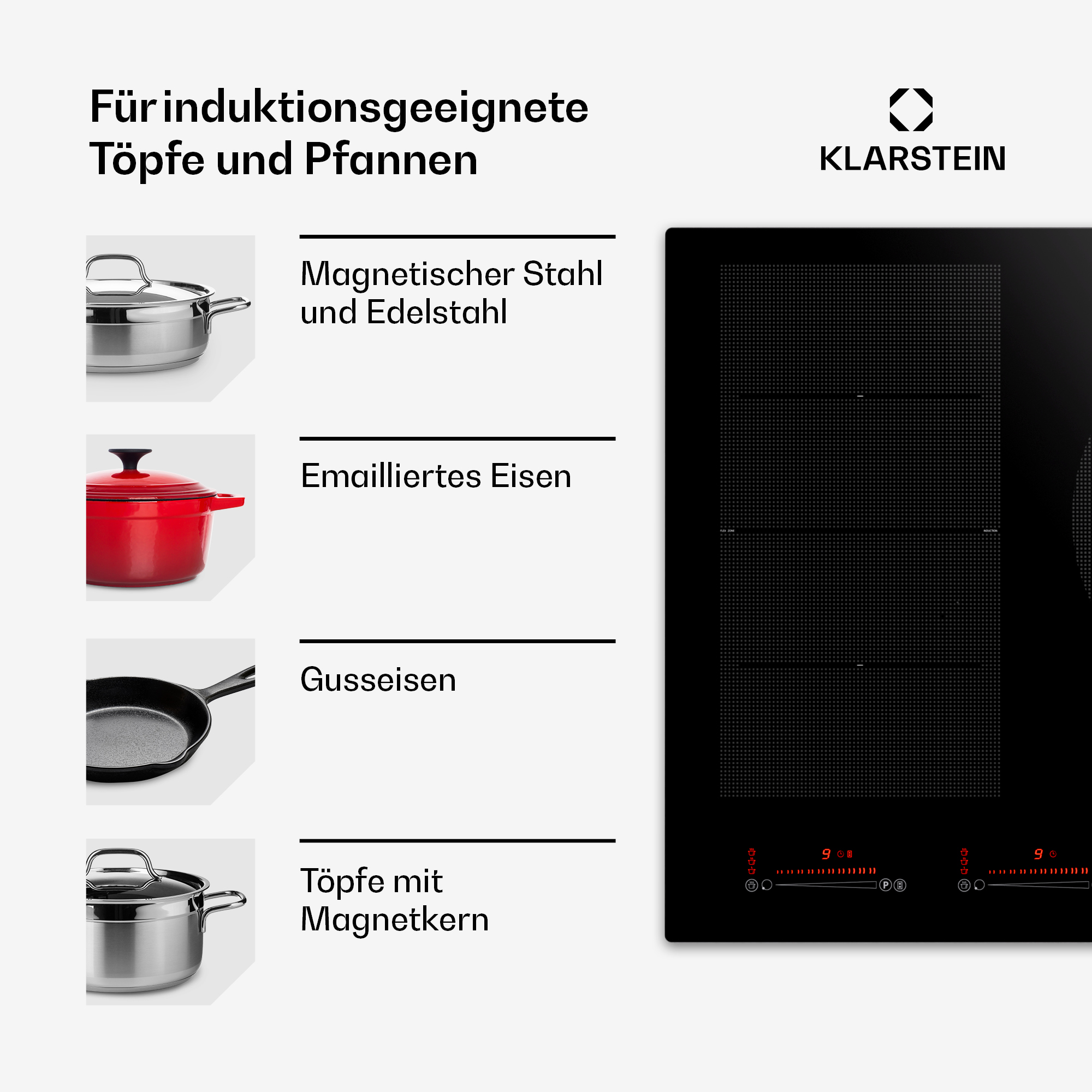 Schwarzes Induktionskochfeld mit Text über Kochgeschirr.