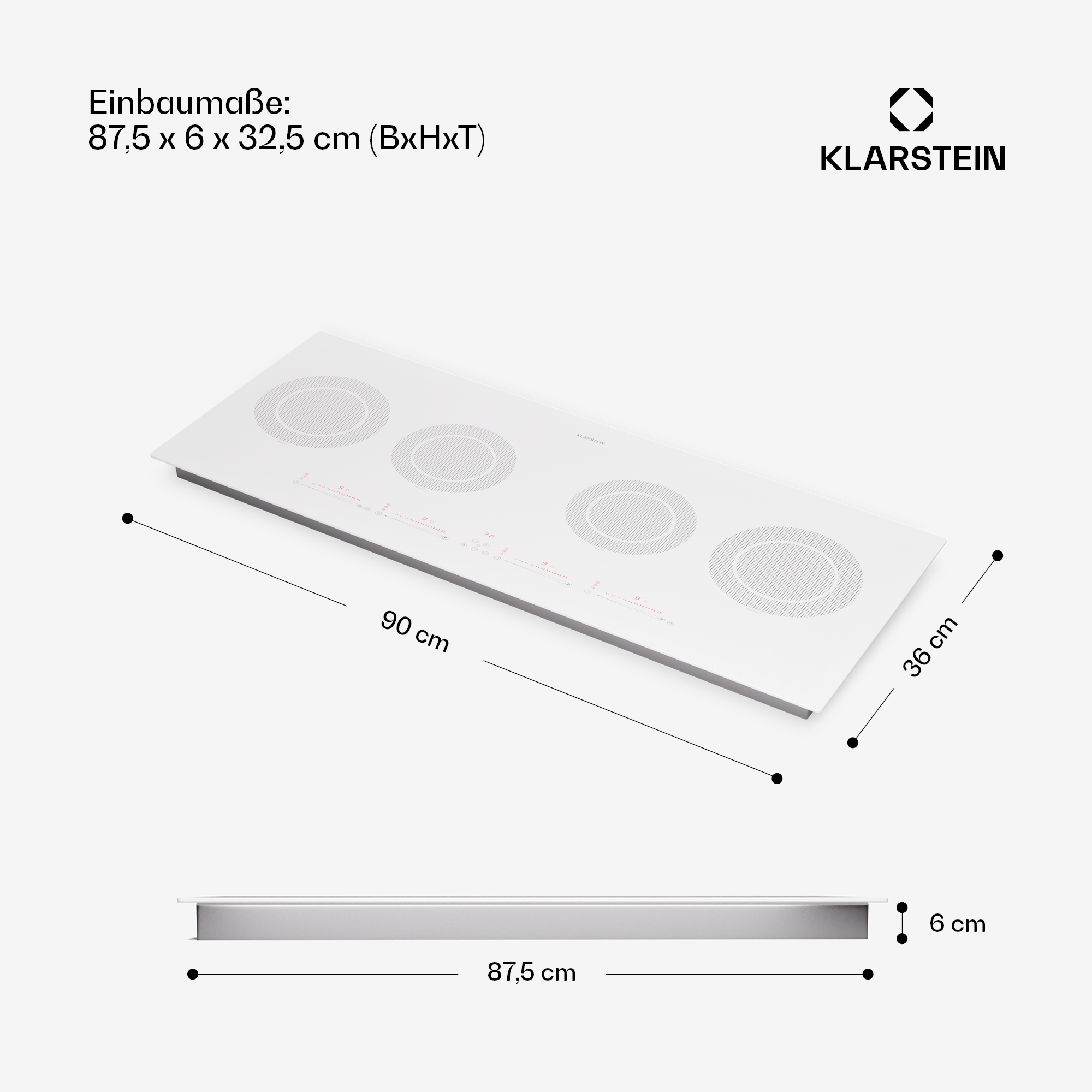 Placa de inducción empotrada blanca con cuatro quemadores. Dimensiones y nombre de la marca visibles.