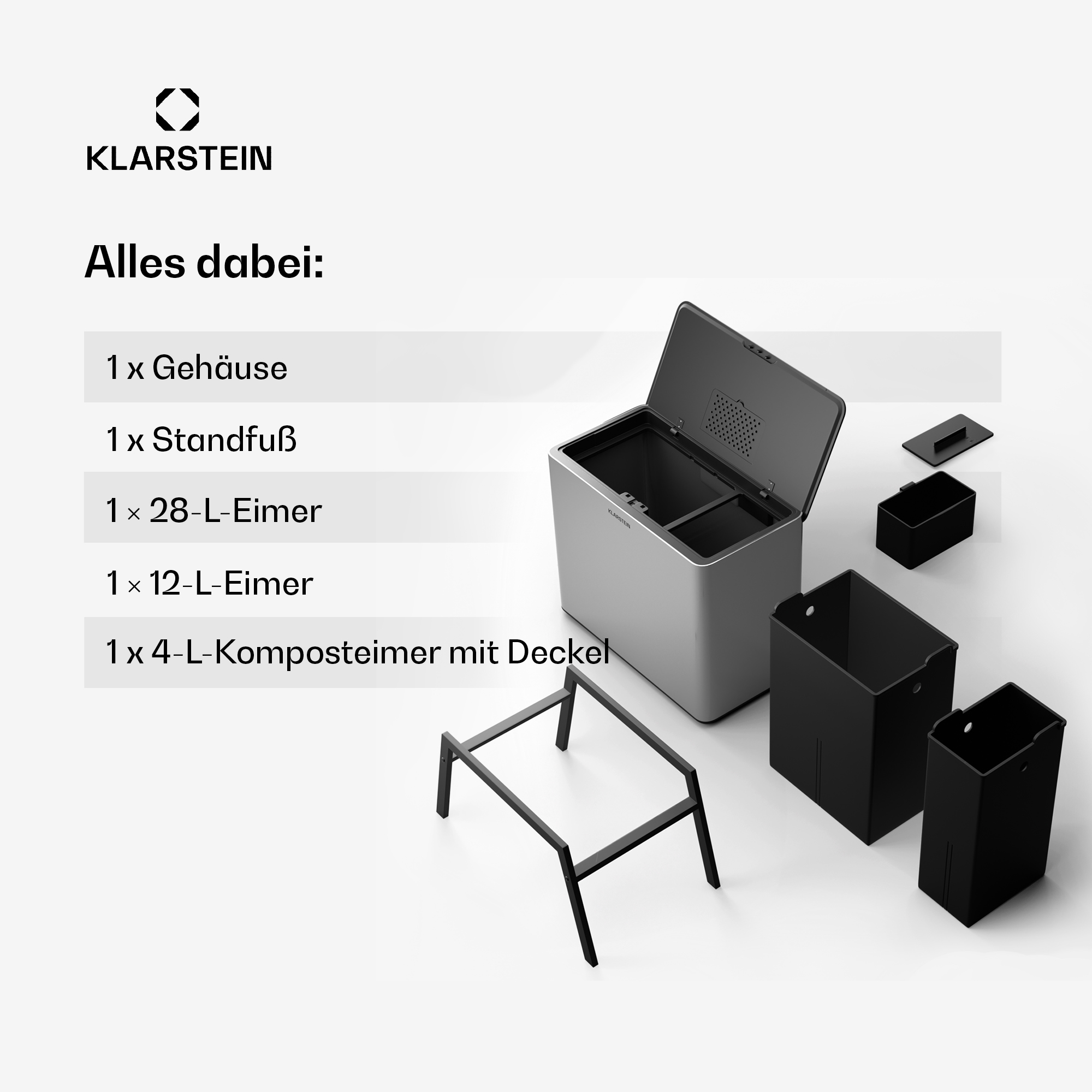 Un set di bidoni della spazzatura grigi e neri con più scomparti e accessori, etichettati.