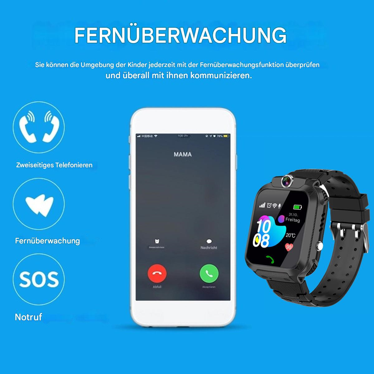 Eine Smartwatch, die einen Telefonbildschirm mit Symbolen und Text anzeigt.