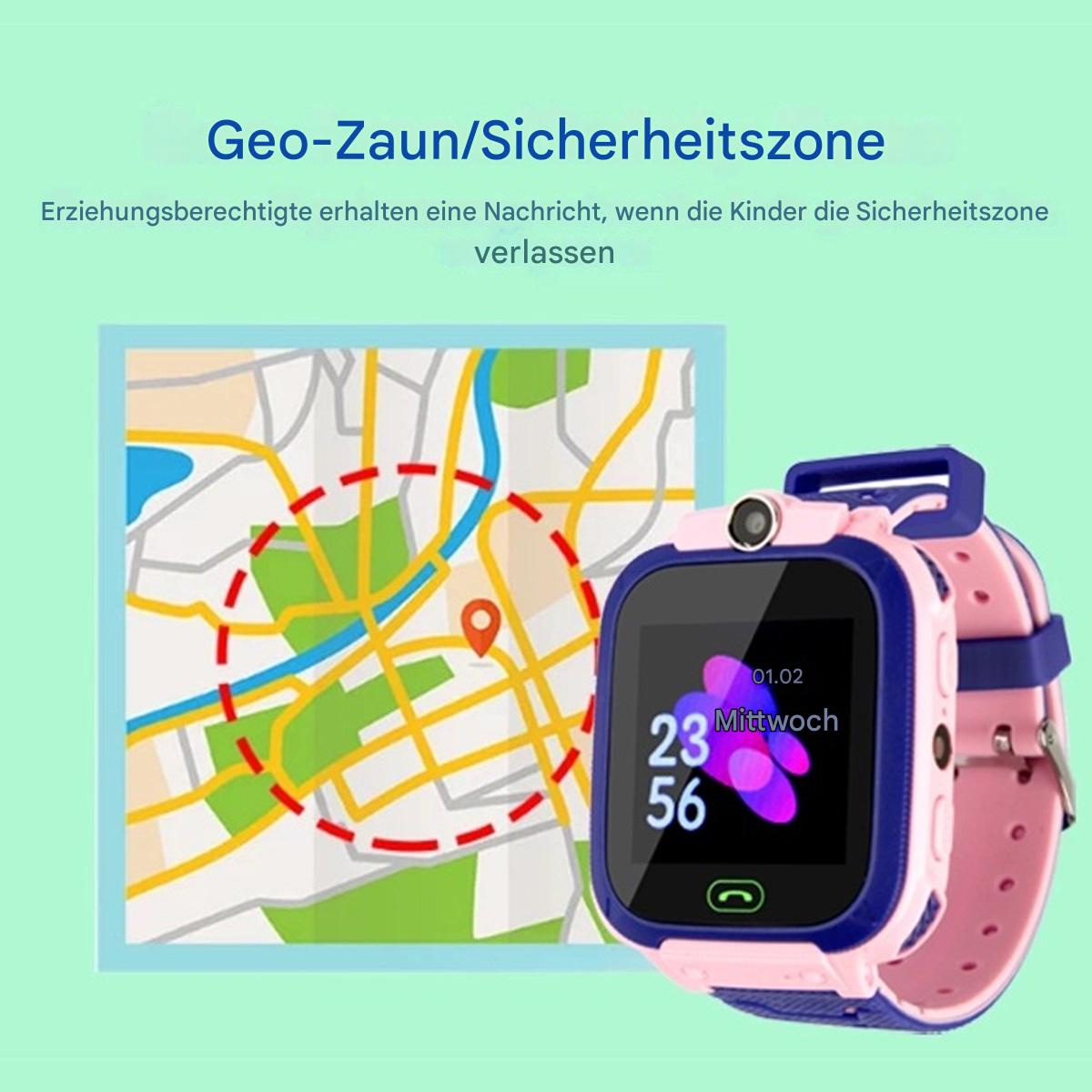 Eine Smartwatch mit Karte. Der Text lautet: Geo-Zaun/Sicherheitszone. Kinder verlassen die Zone, eine Nachricht wird gesendet.