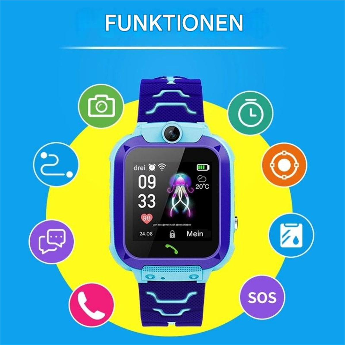 Smartwatch mit farbenfrohem Display. Funktionen: Kamera, Chat, Anruf, SOS, Herzfrequenz. Blaues und violettes Farbschema.