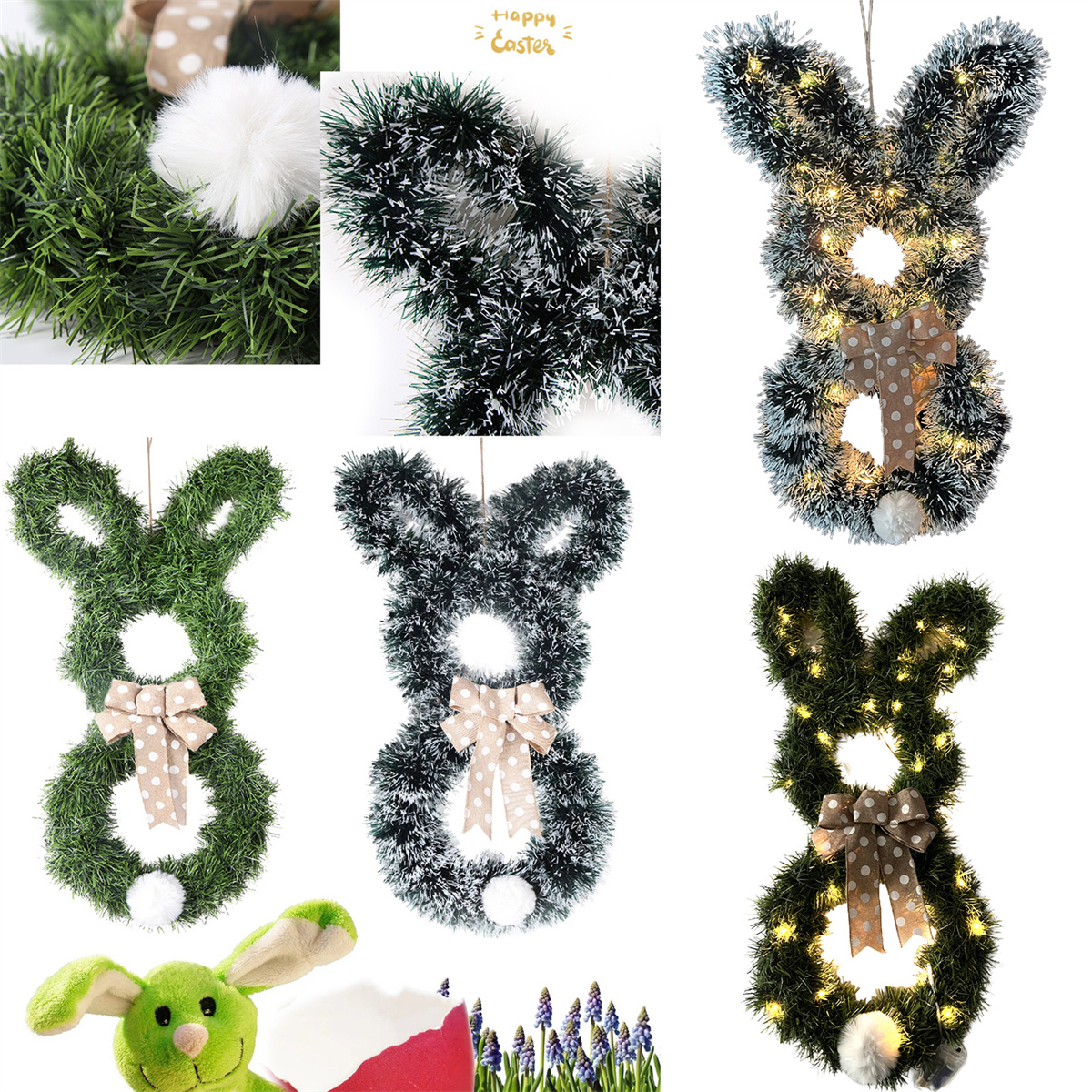 Eine Collage von Osterhasen-Dekorationen. Enthält Kränze, einen Plüschhasen und florale Akzente. Verschiedene Farben und Designs.