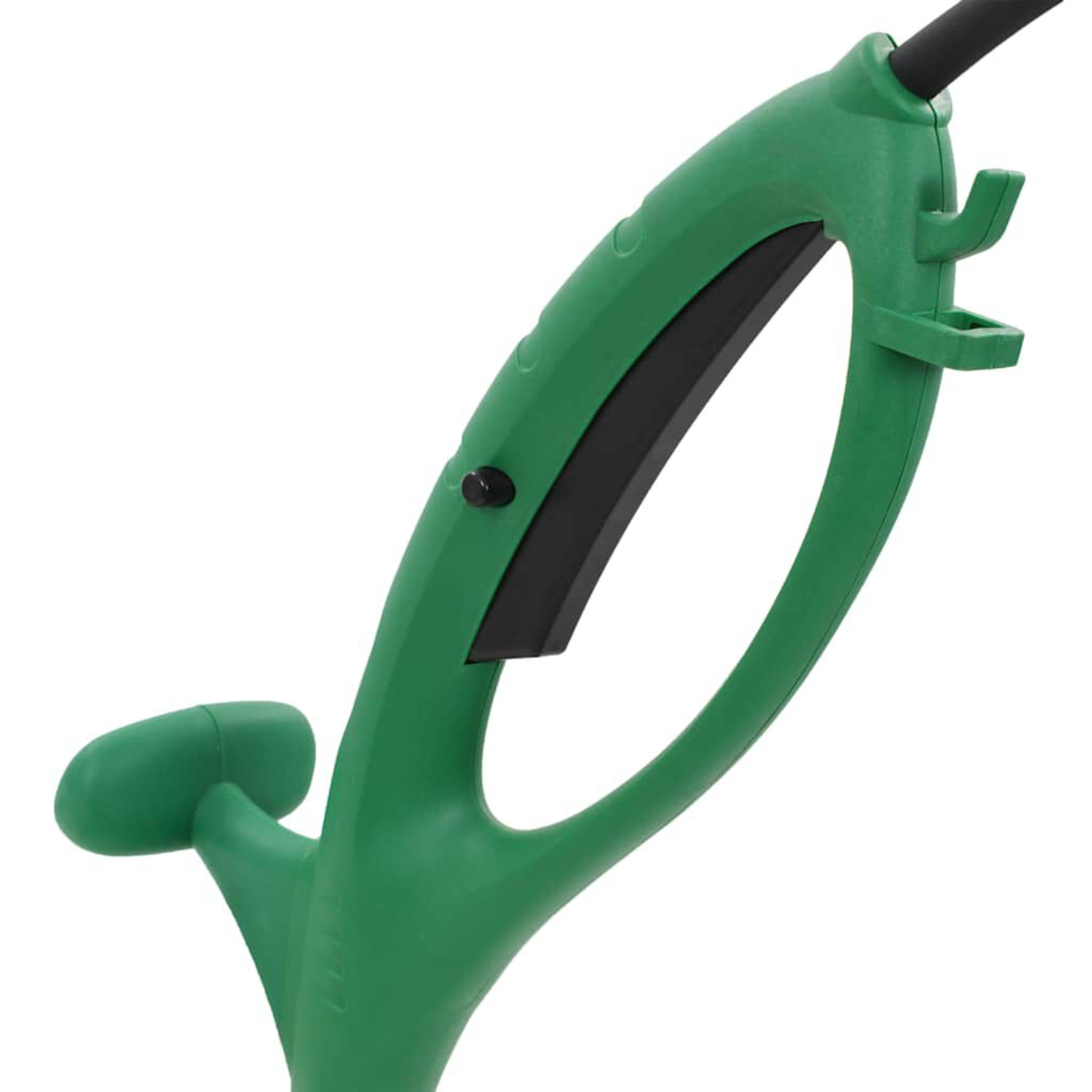 Nahaufnahme eines grünen Kunststoffgriffs mit schwarzem Knopf und Schlaufe.