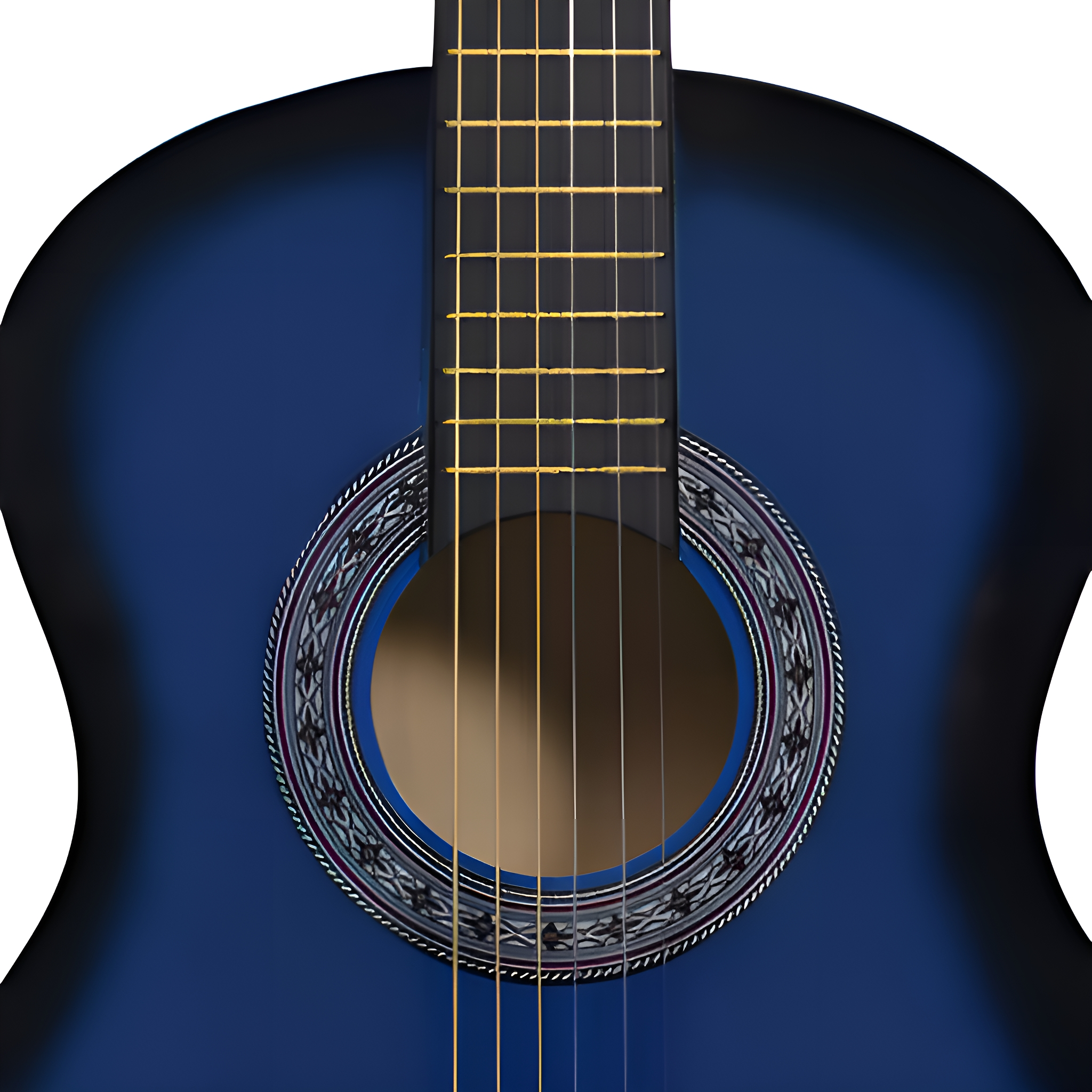Nahaufnahme einer blauen Akustikgitarre, die das Schallloch und die Saiten zeigt.