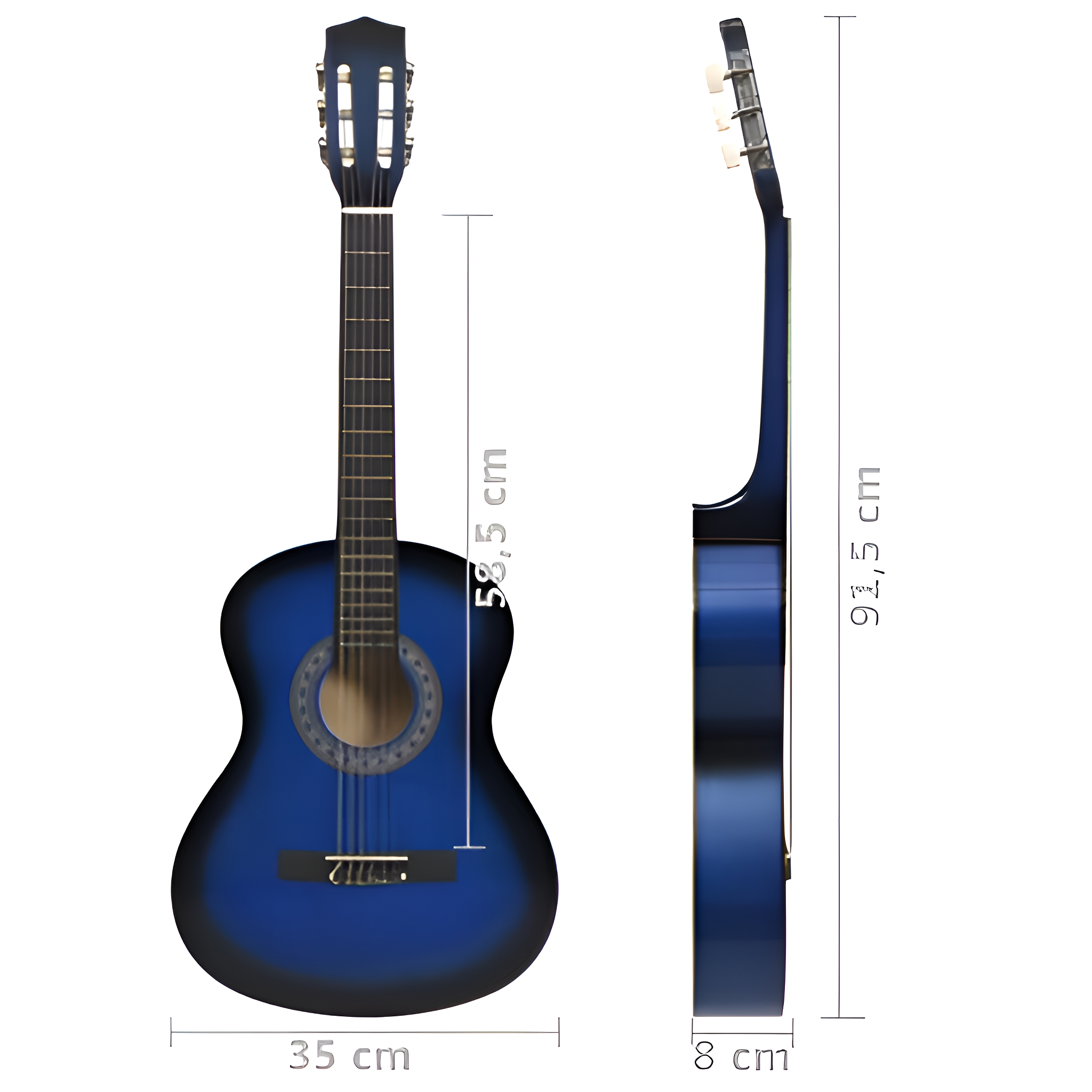 Eine blaue Akustikgitarre mit den Maßen 53,5 cm, 35 cm und 8 cm auf weißem Hintergrund.